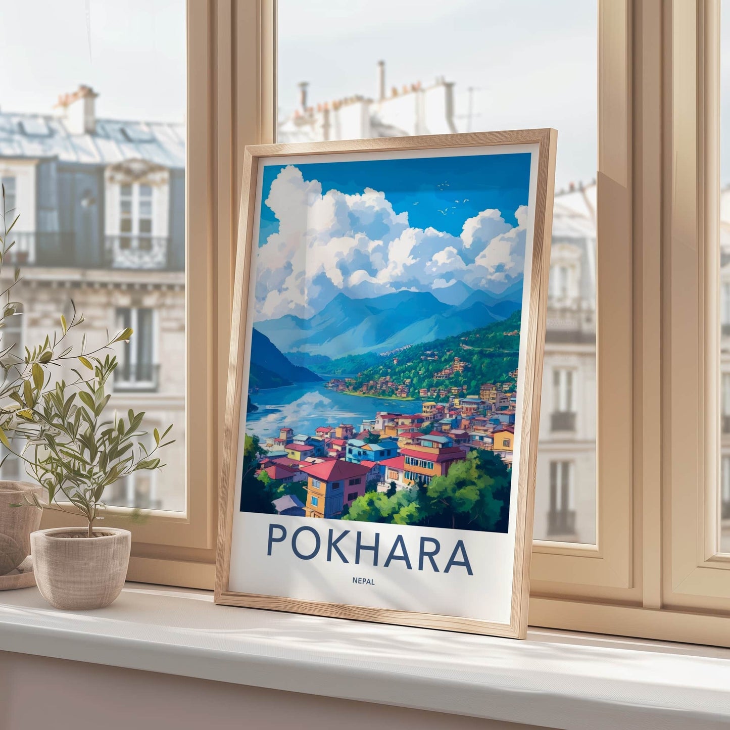 Pokhara Poster - Nepal Travel Art - Mountain Lake Village Home Decor