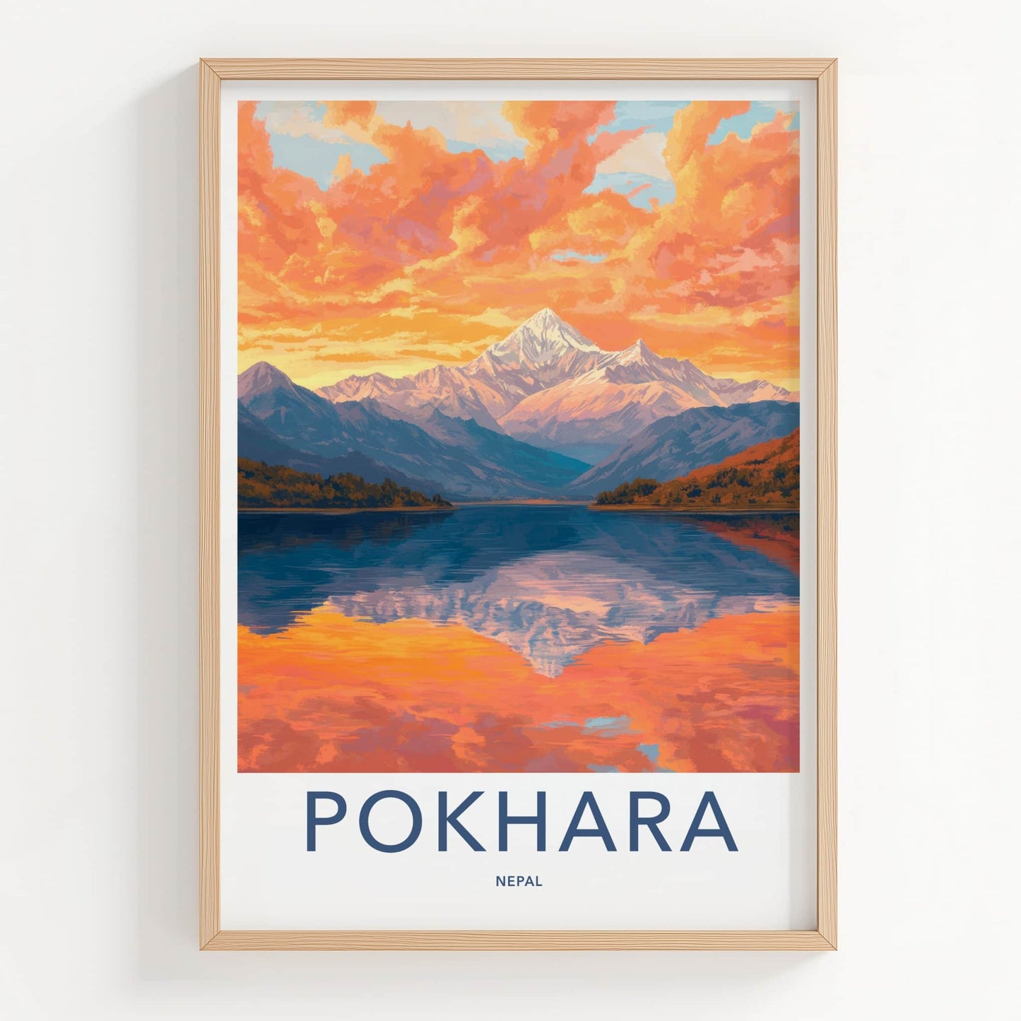 Pokhara Poster - Nepal Travel Art - Orange Sky Reflection Home Decor