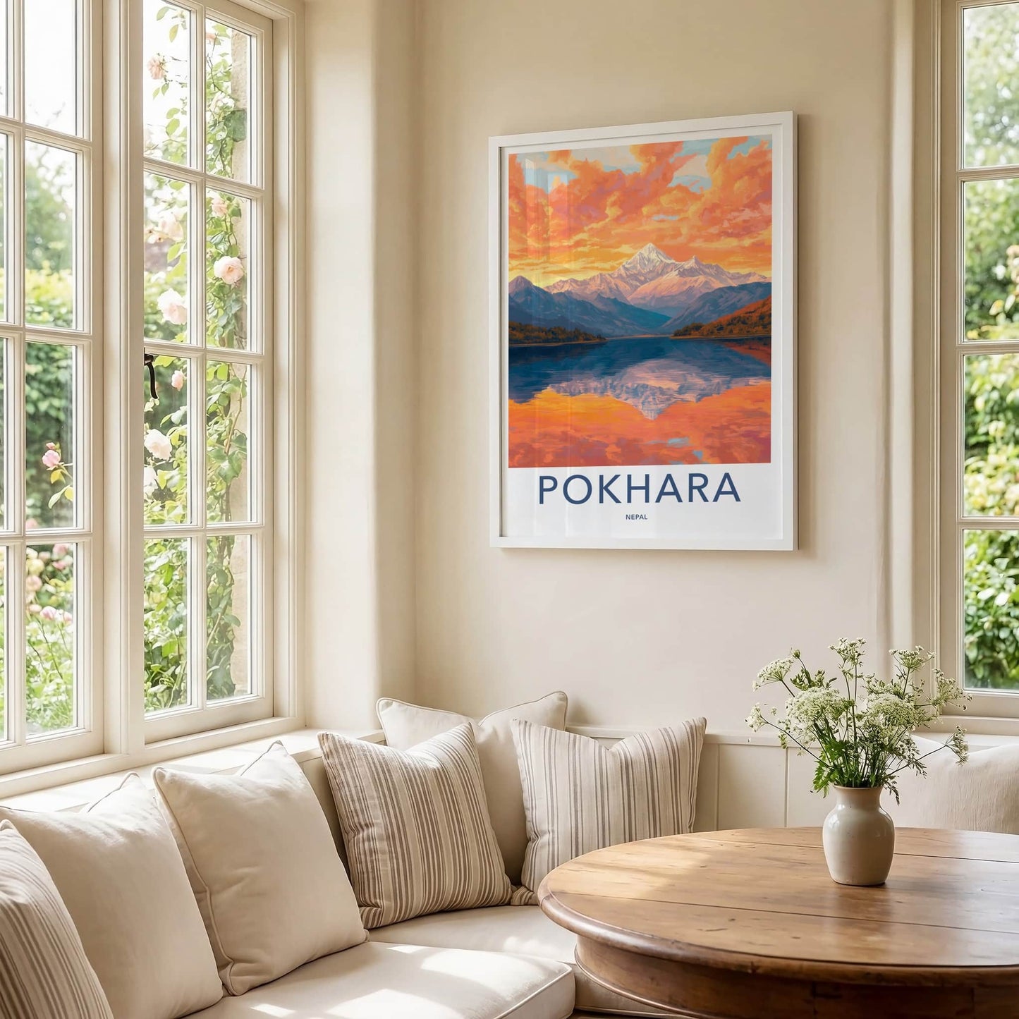 Pokhara Poster - Nepal Travel Art - Orange Sky Reflection Home Decor