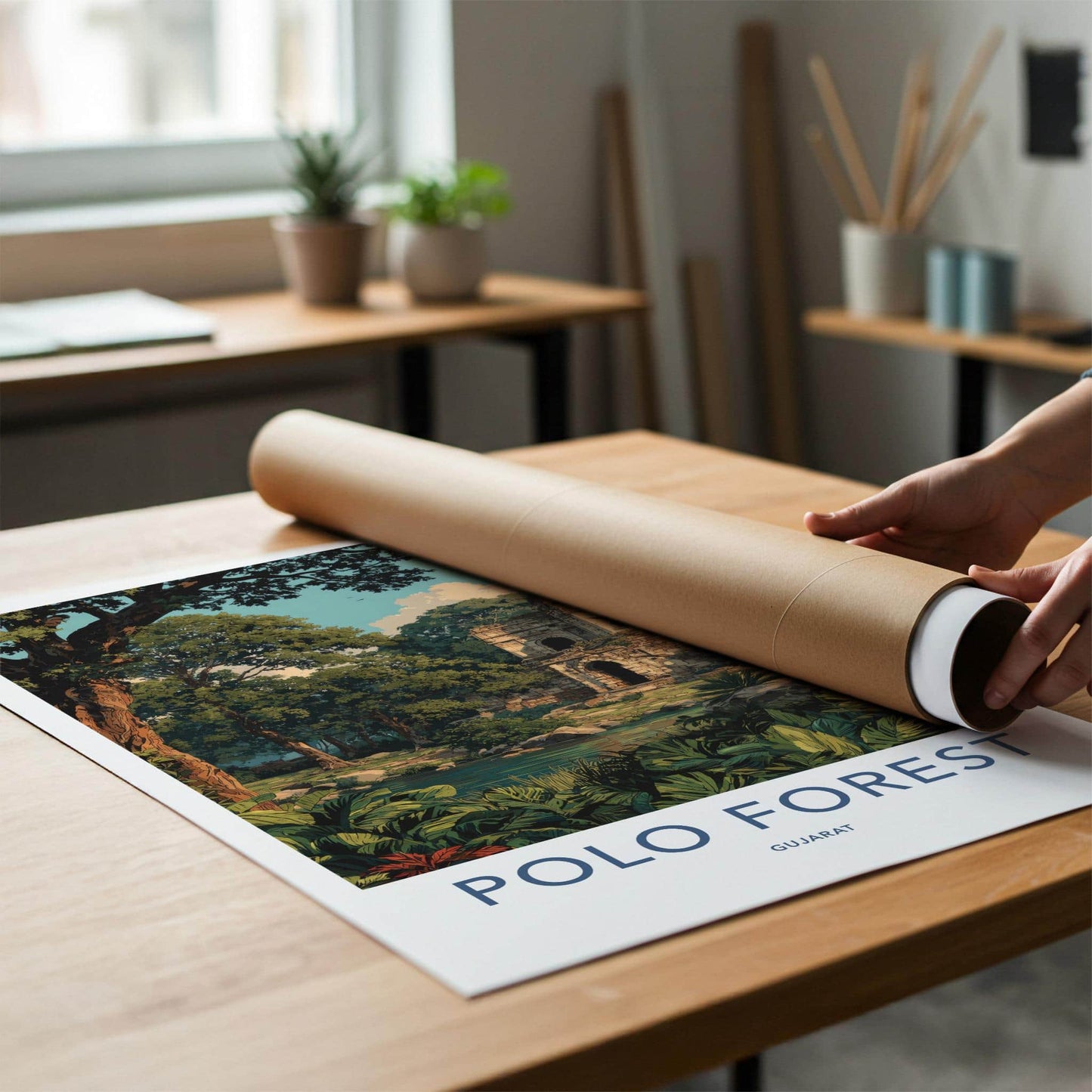 Polo Forest Poster - India Travel Art - Gujarat Ancient Ruins Forest Home Decor