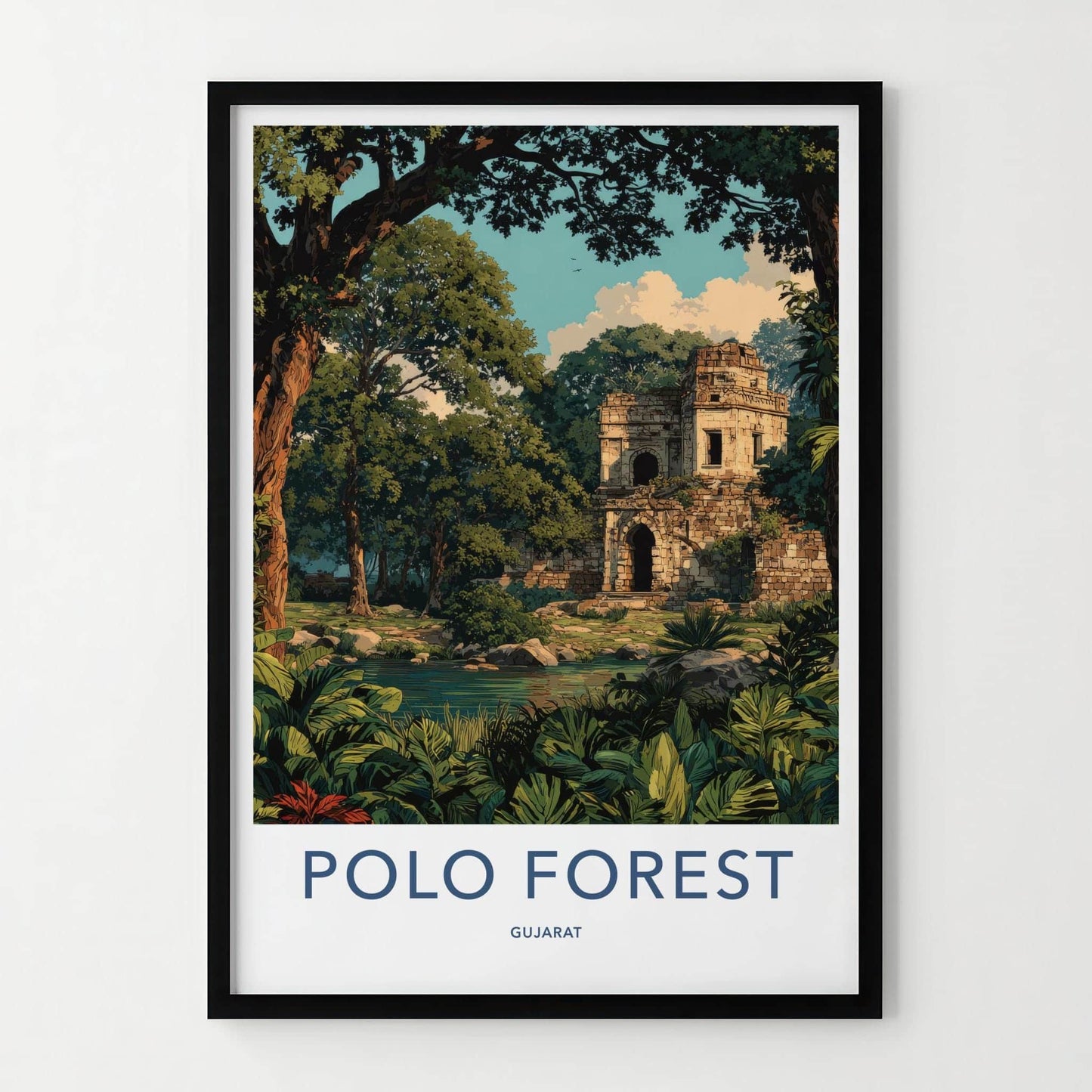 Polo Forest Poster - India Travel Art - Gujarat Ancient Ruins Forest Home Decor