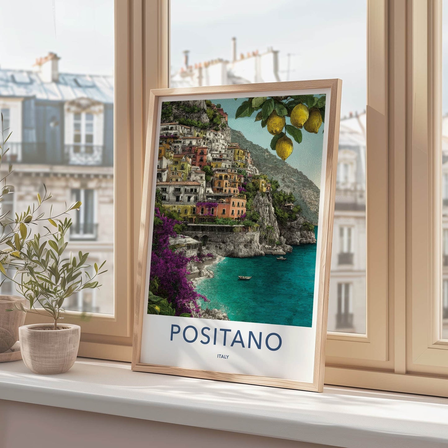 Positano Poster - Italy Travel Art - Cliffside Buildings Lemons Home Decor