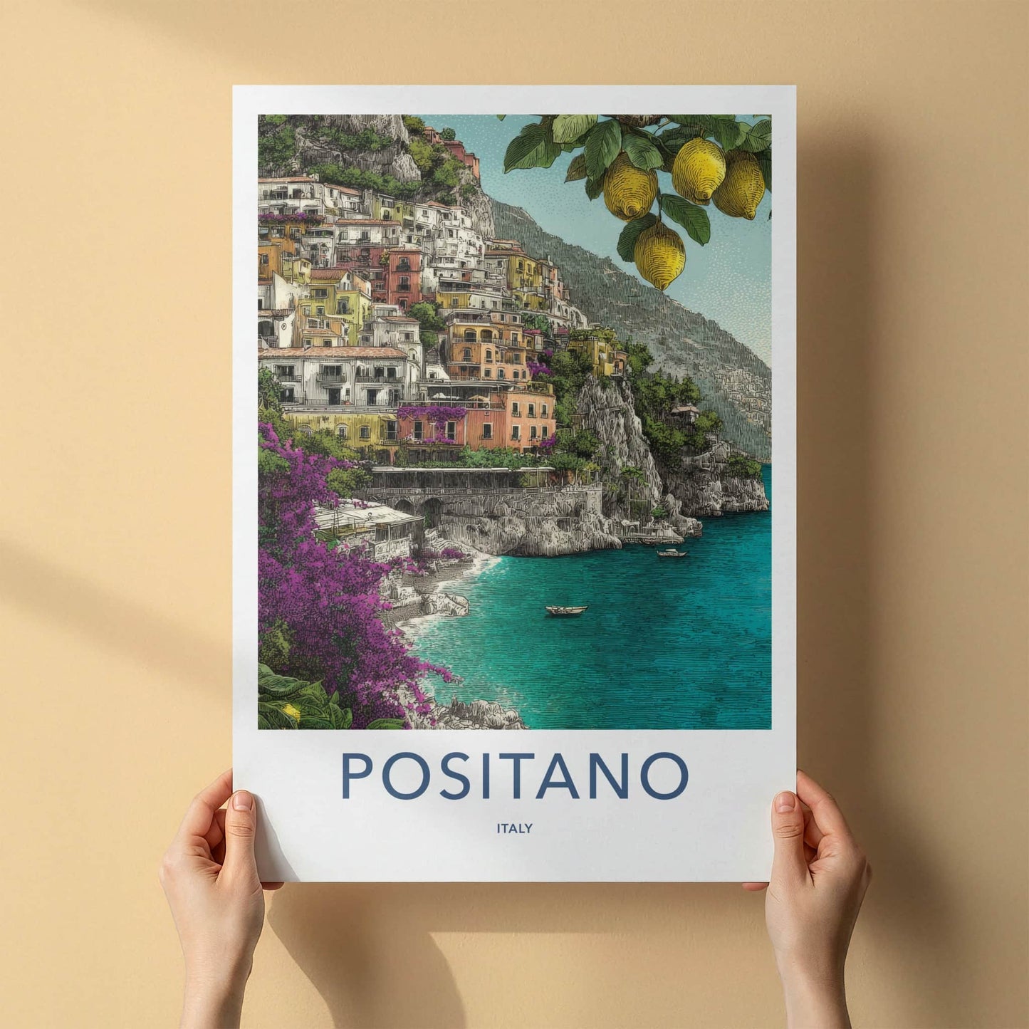 Positano Poster - Italy Travel Art - Cliffside Buildings Lemons Home Decor