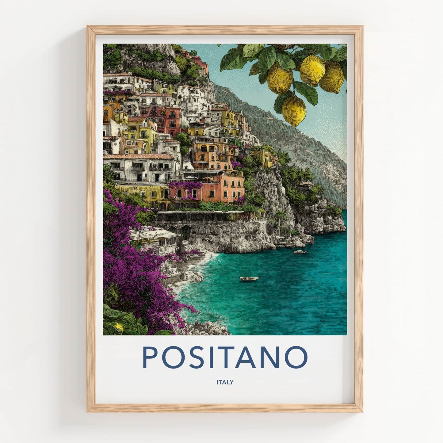 Positano Poster - Italy Travel Art - Cliffside Buildings Lemons Home Decor