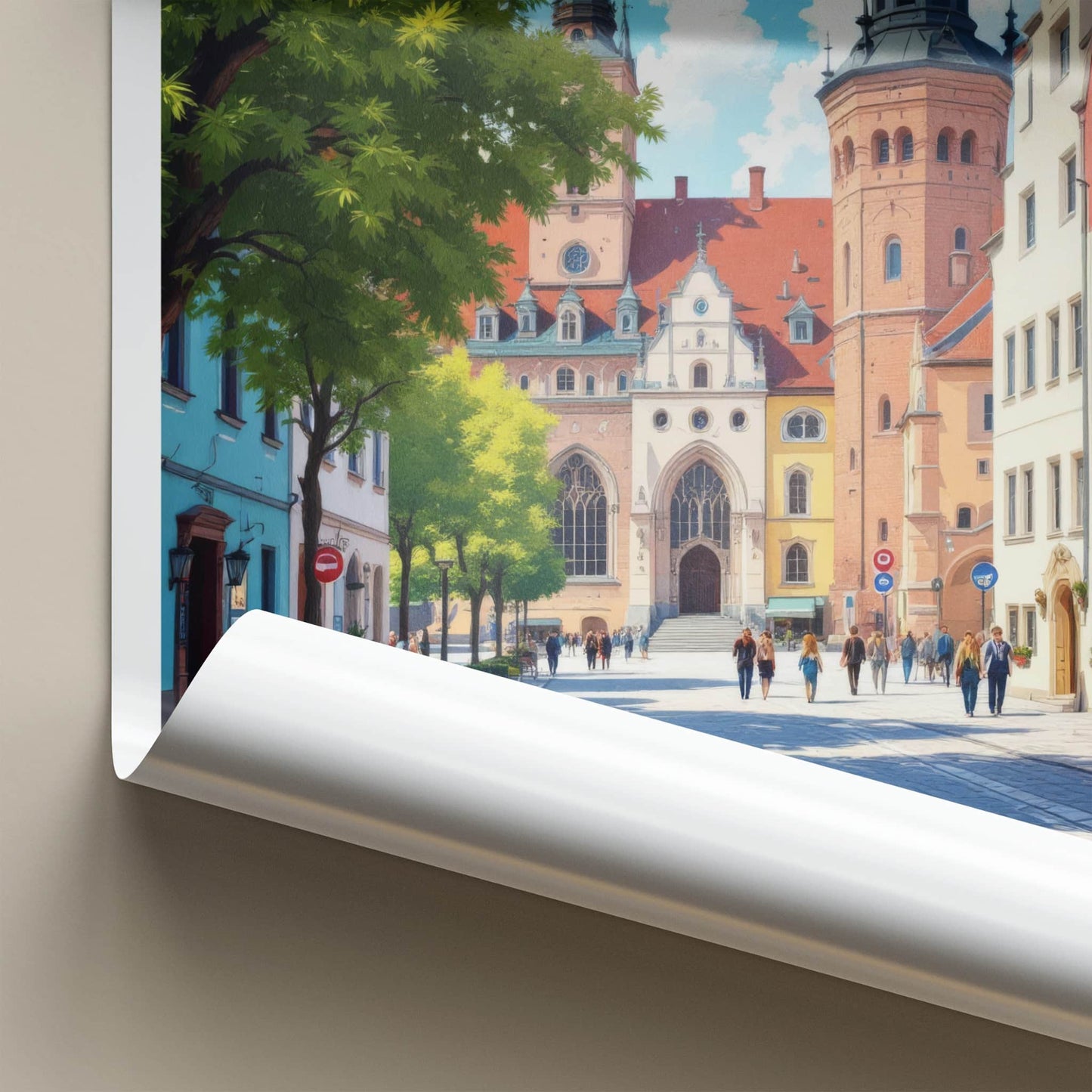 Poznan Poster - Poland Travel Art - Cobblestone Street Buildings Home Decor