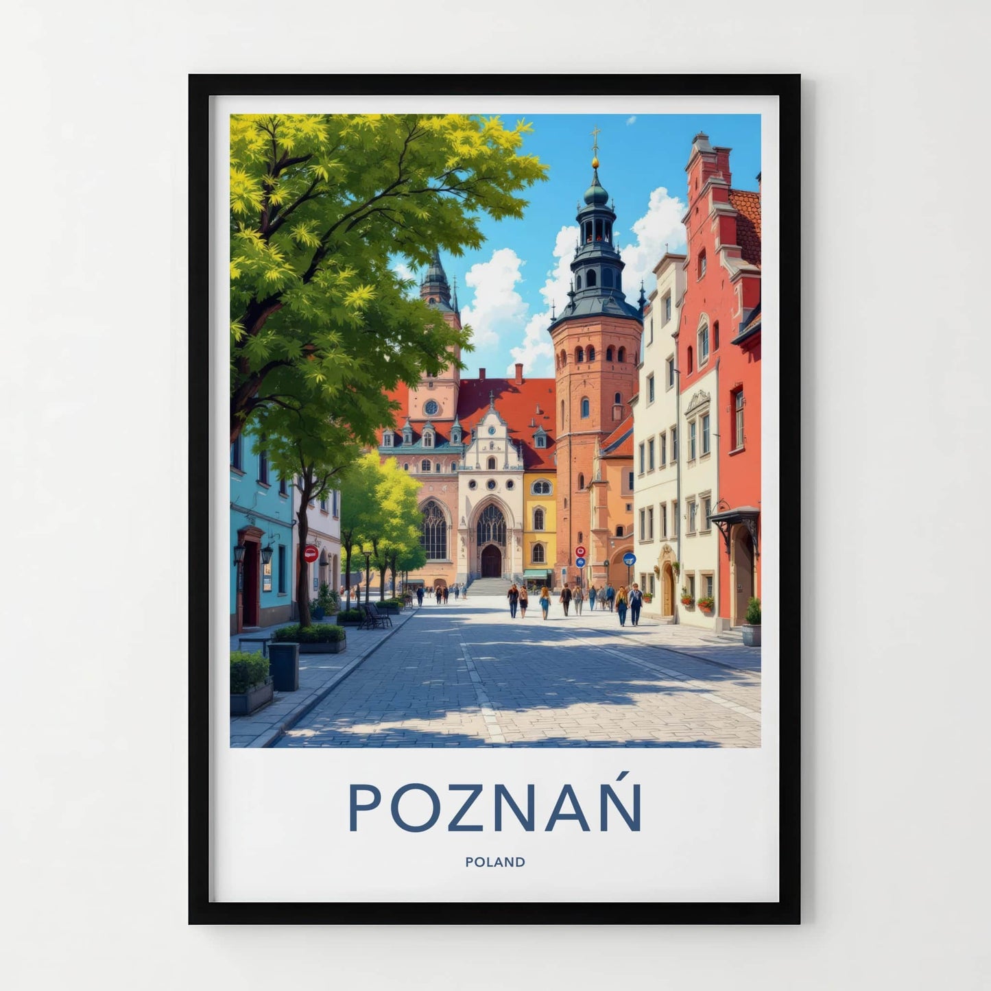 Poznan Poster - Poland Travel Art - Cobblestone Street Buildings Home Decor