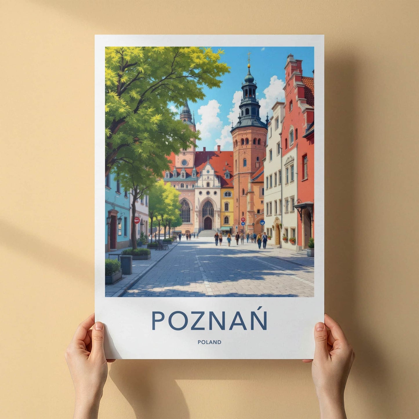 Poznan Poster - Poland Travel Art - Cobblestone Street Buildings Home Decor