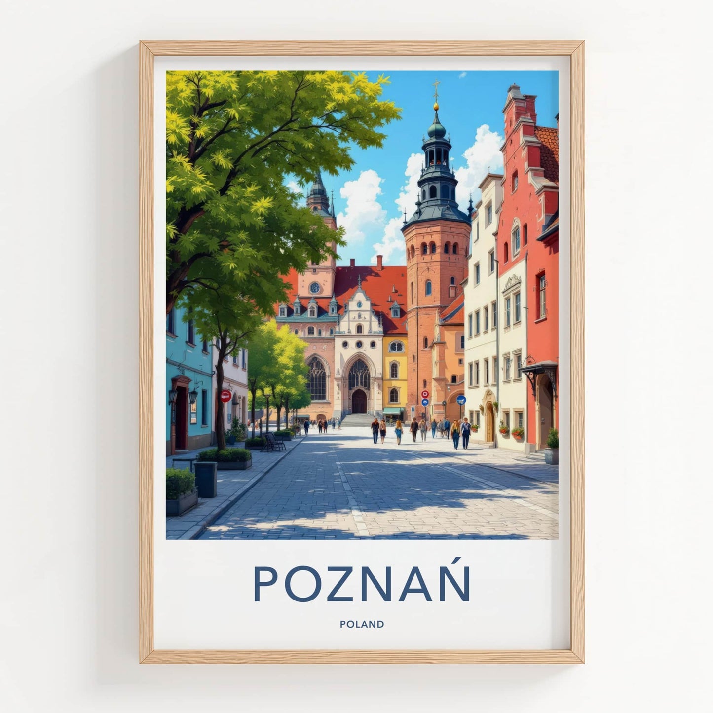 Poznan Poster - Poland Travel Art - Cobblestone Street Buildings Home Decor