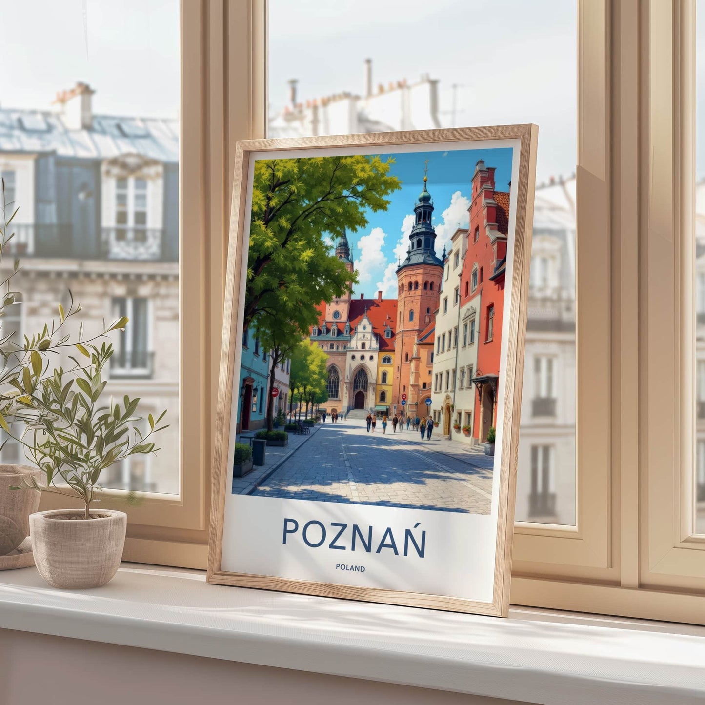 Poznan Poster - Poland Travel Art - Cobblestone Street Buildings Home Decor