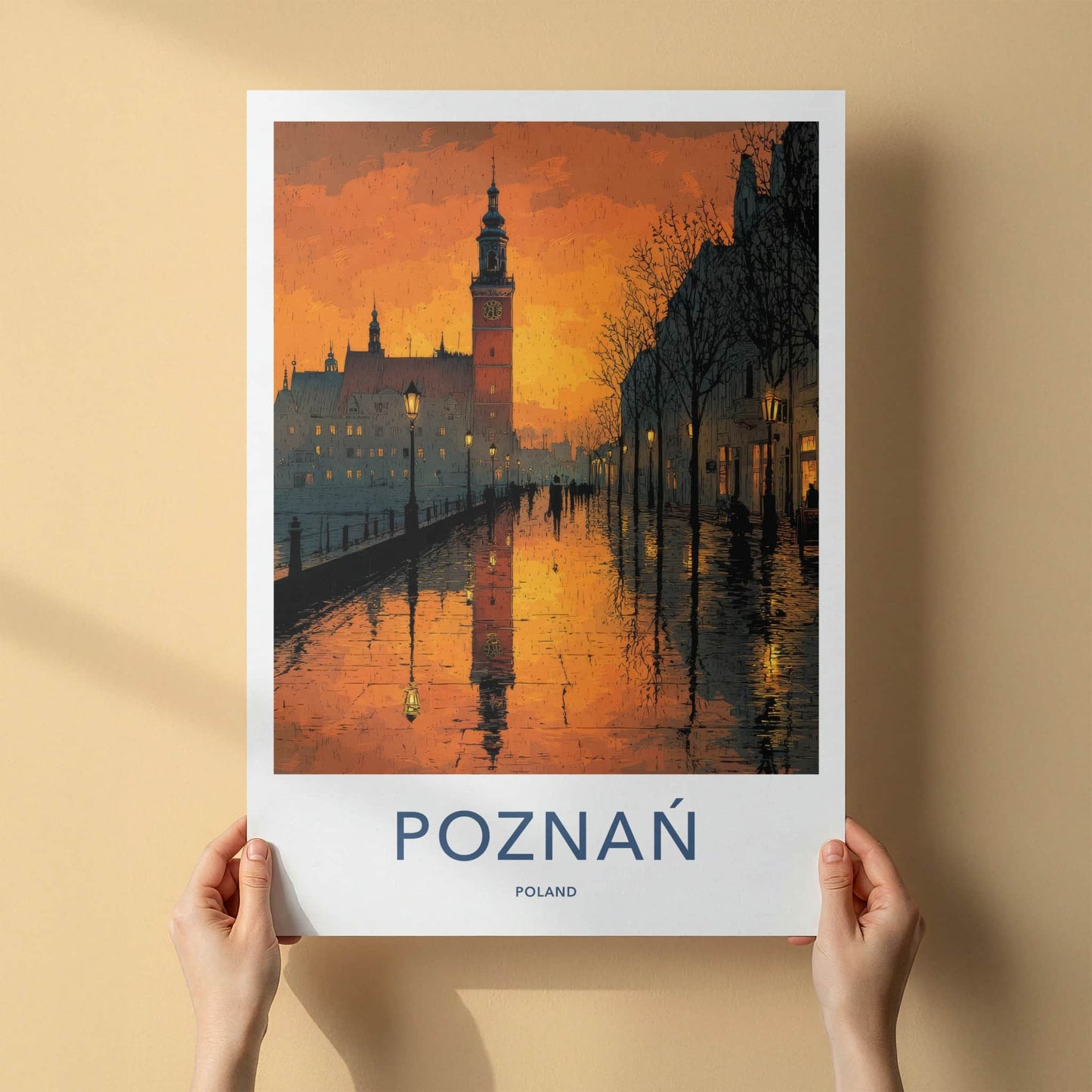 Poznan Poster - Poland Travel Art - Dusk Tower Reflections Wall Decor