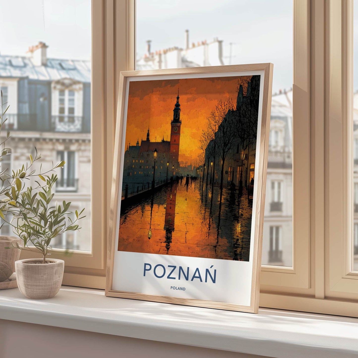 Poznan Poster - Poland Travel Art - Dusk Tower Reflections Wall Decor