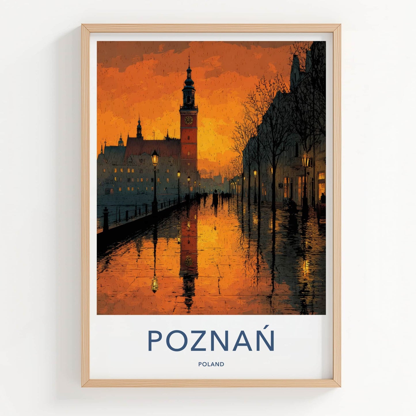 Poznan Poster - Poland Travel Art - Dusk Tower Reflections Wall Decor