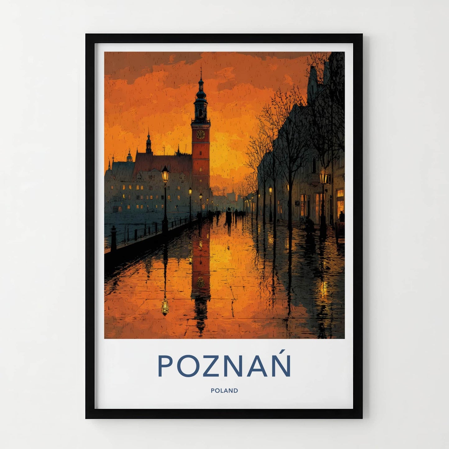 Poznan Poster - Poland Travel Art - Dusk Tower Reflections Wall Decor