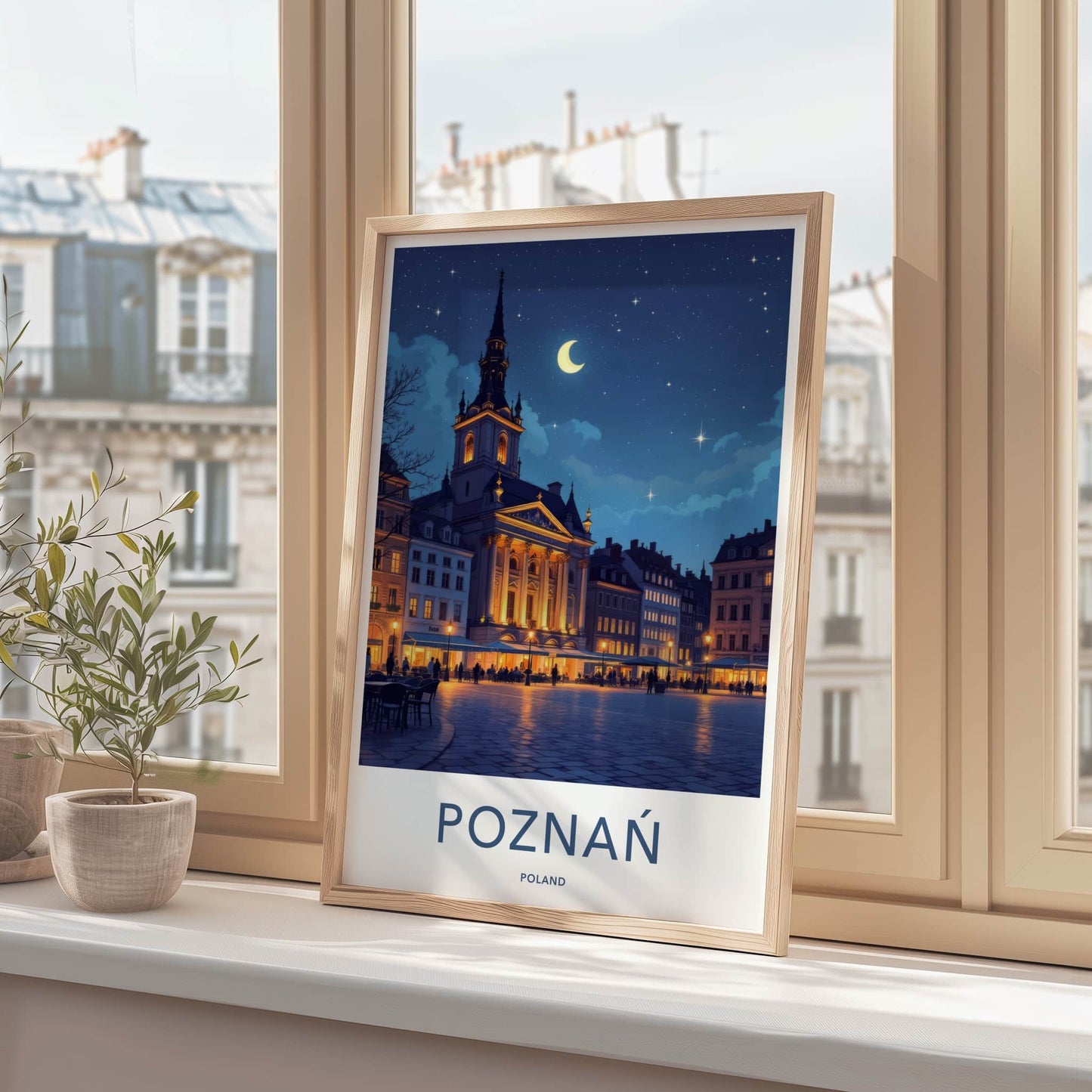 Poznan Poster - Poland Travel Art - Moonlit Historic Town Square Wall Decor