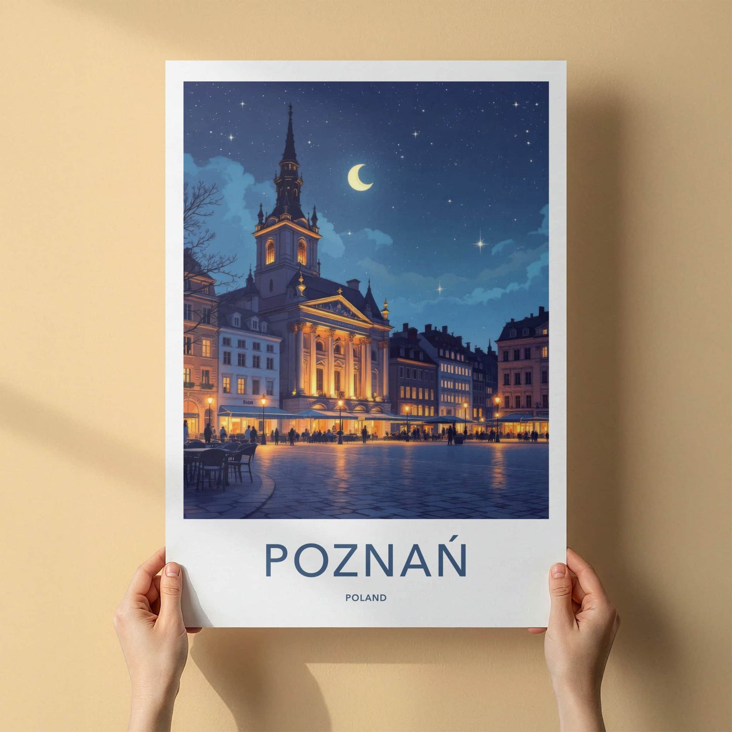 Poznan Poster - Poland Travel Art - Moonlit Historic Town Square Wall Decor