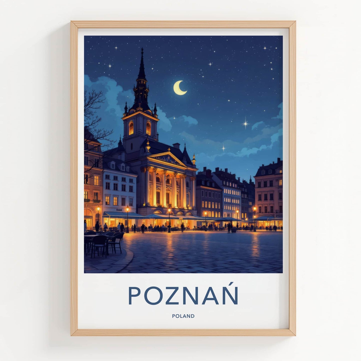 Poznan Poster - Poland Travel Art - Moonlit Historic Town Square Wall Decor