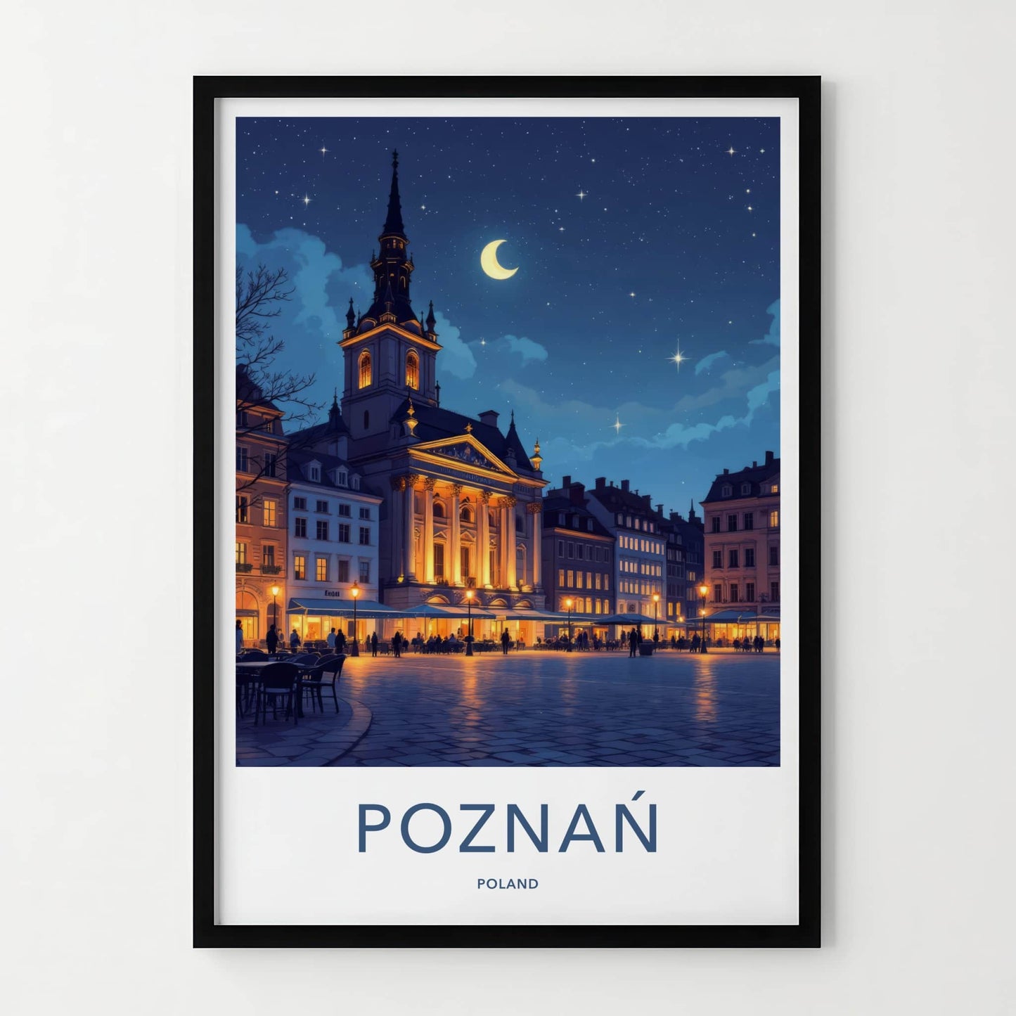 Poznan Poster - Poland Travel Art - Moonlit Historic Town Square Wall Decor