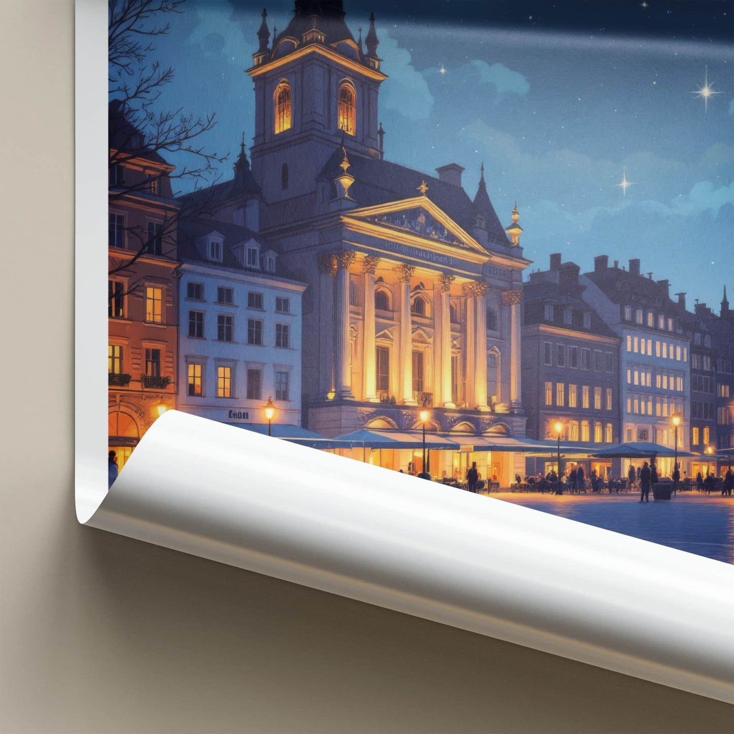 Poznan Poster - Poland Travel Art - Moonlit Historic Town Square Wall Decor