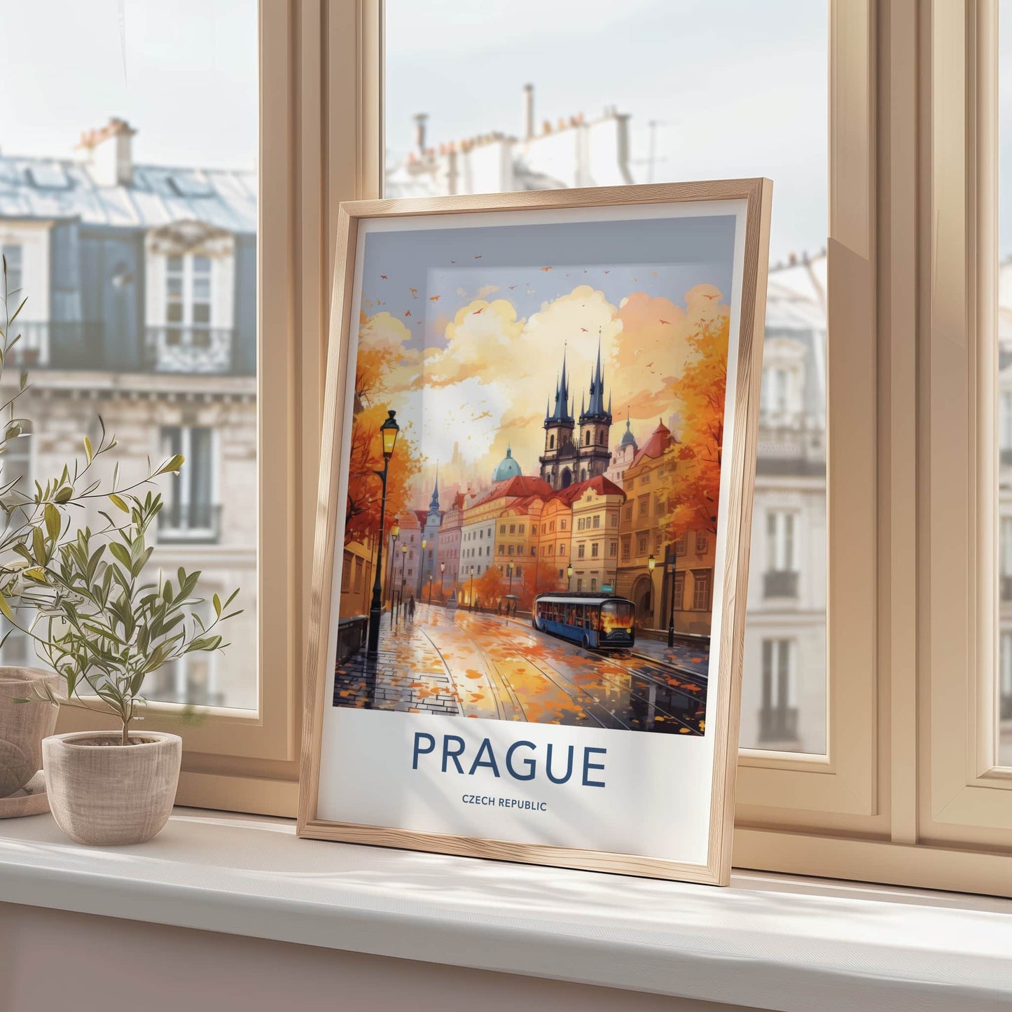 Prague Poster - Czech Republic Travel Art - Autumn City Tram Home Decor