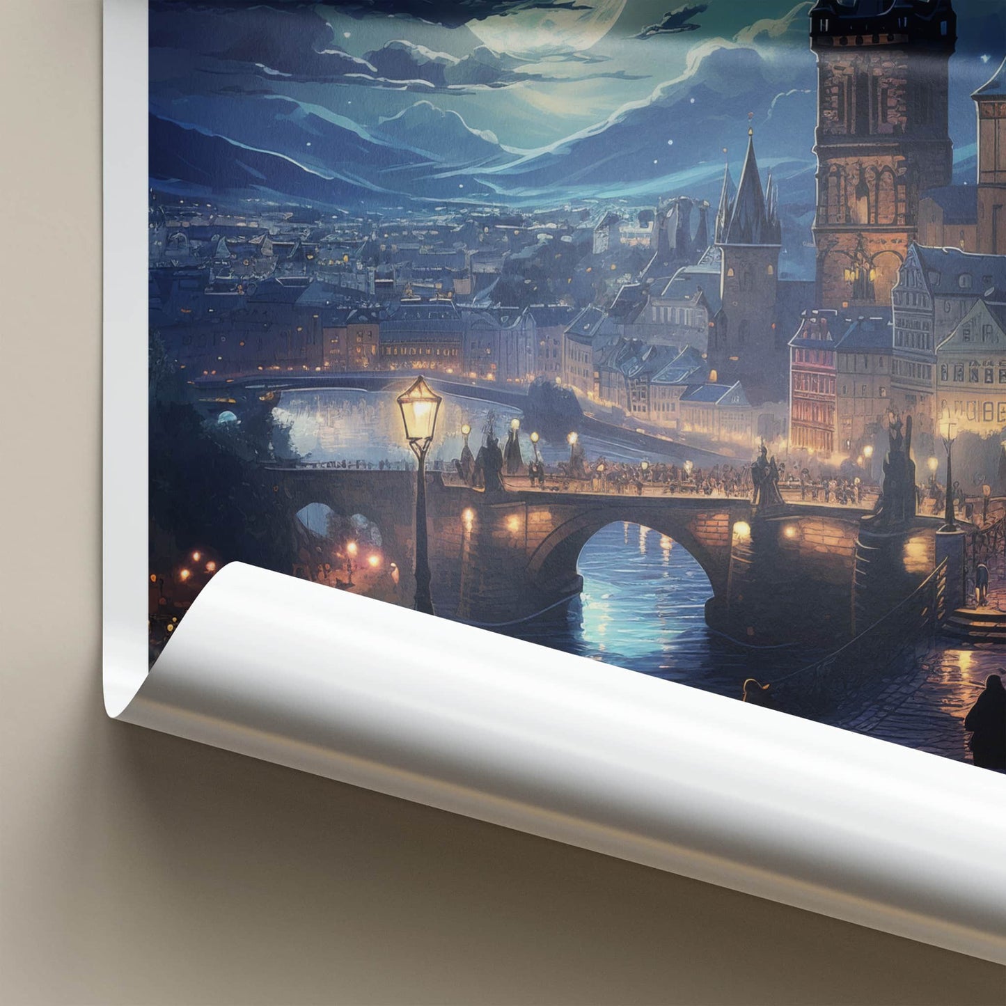 Prague Poster - Czech Republic Travel Art - Moonlit River City Home Decor
