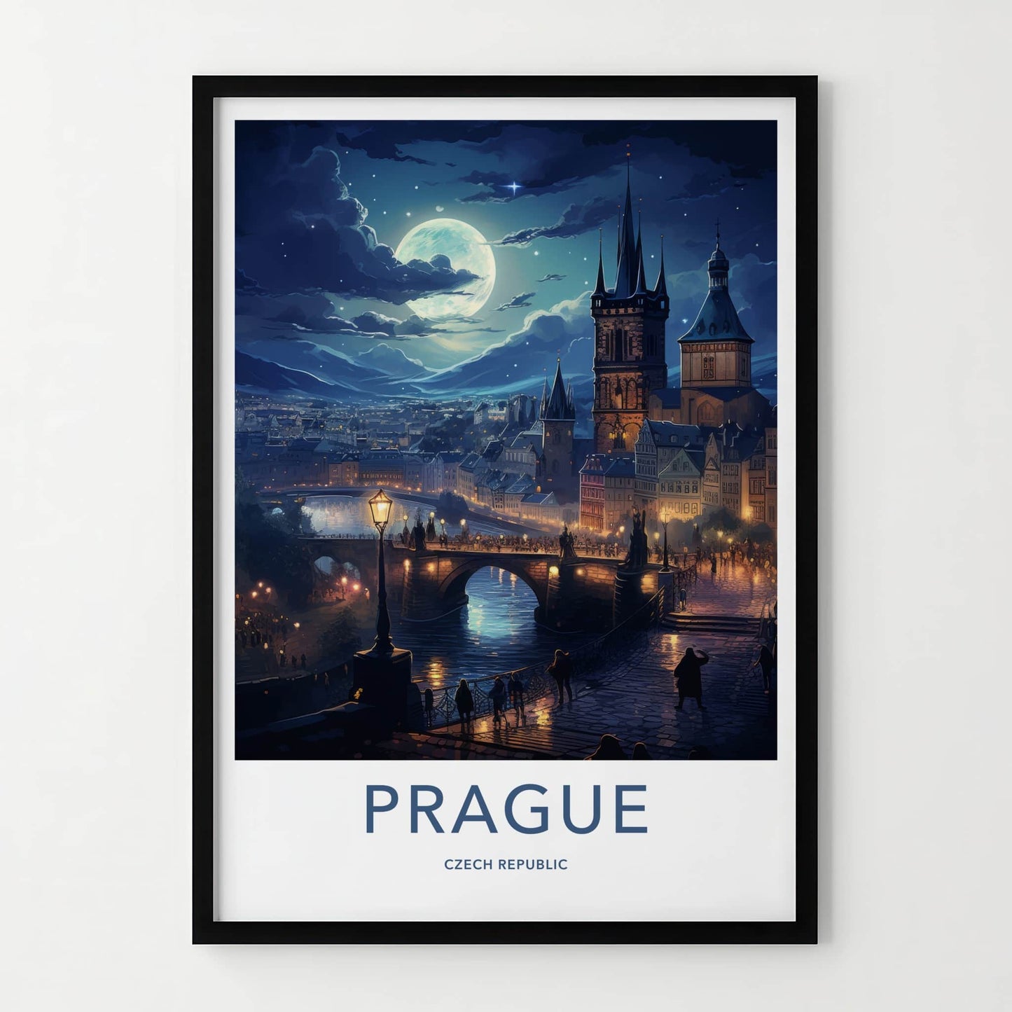 Prague Poster - Czech Republic Travel Art - Moonlit River City Home Decor
