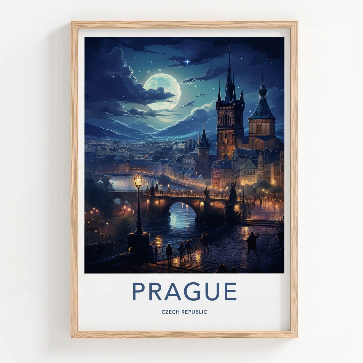 Prague Poster - Czech Republic Travel Art - Moonlit River City Home Decor