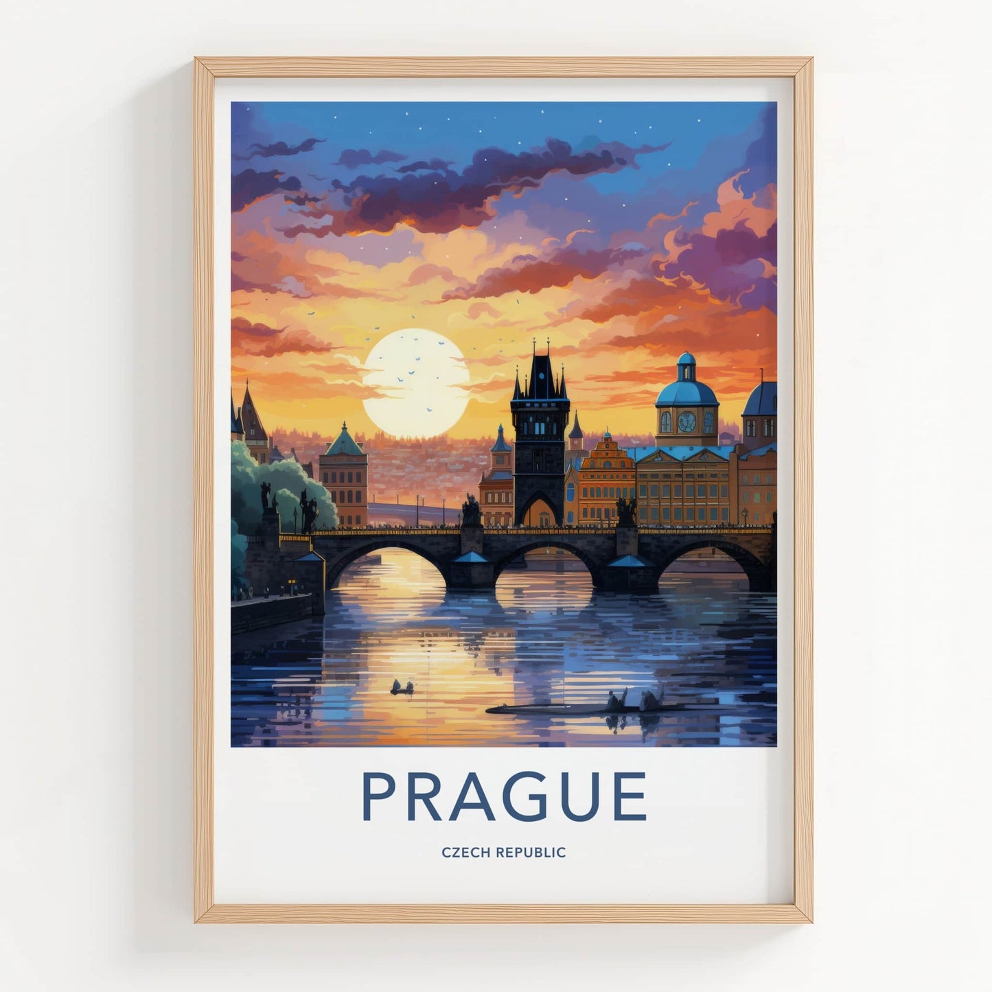 Prague Poster - Czech Republic Travel Art - River Bridge Sunset Home Decor