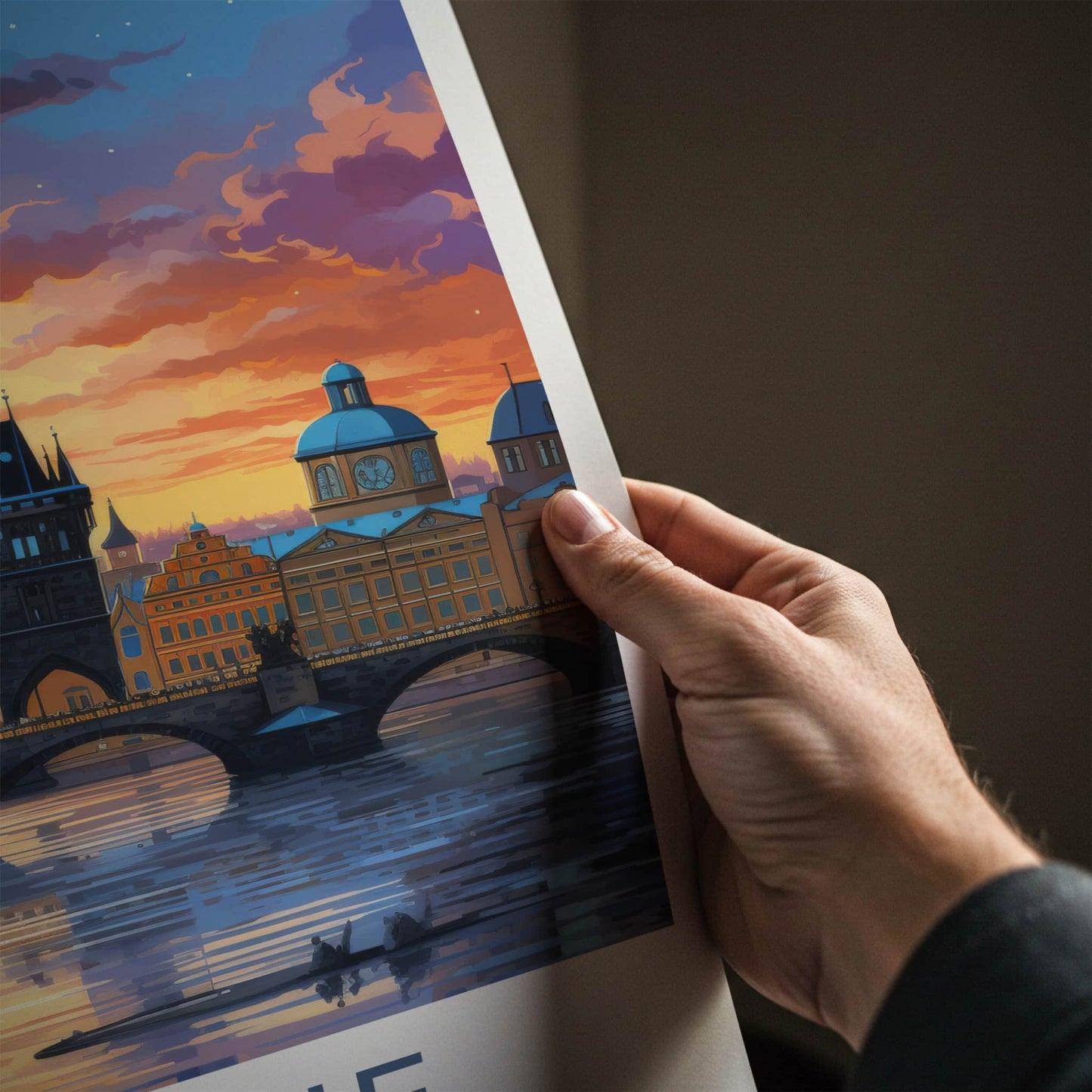 Prague Poster - Czech Republic Travel Art - River Bridge Sunset Home Decor