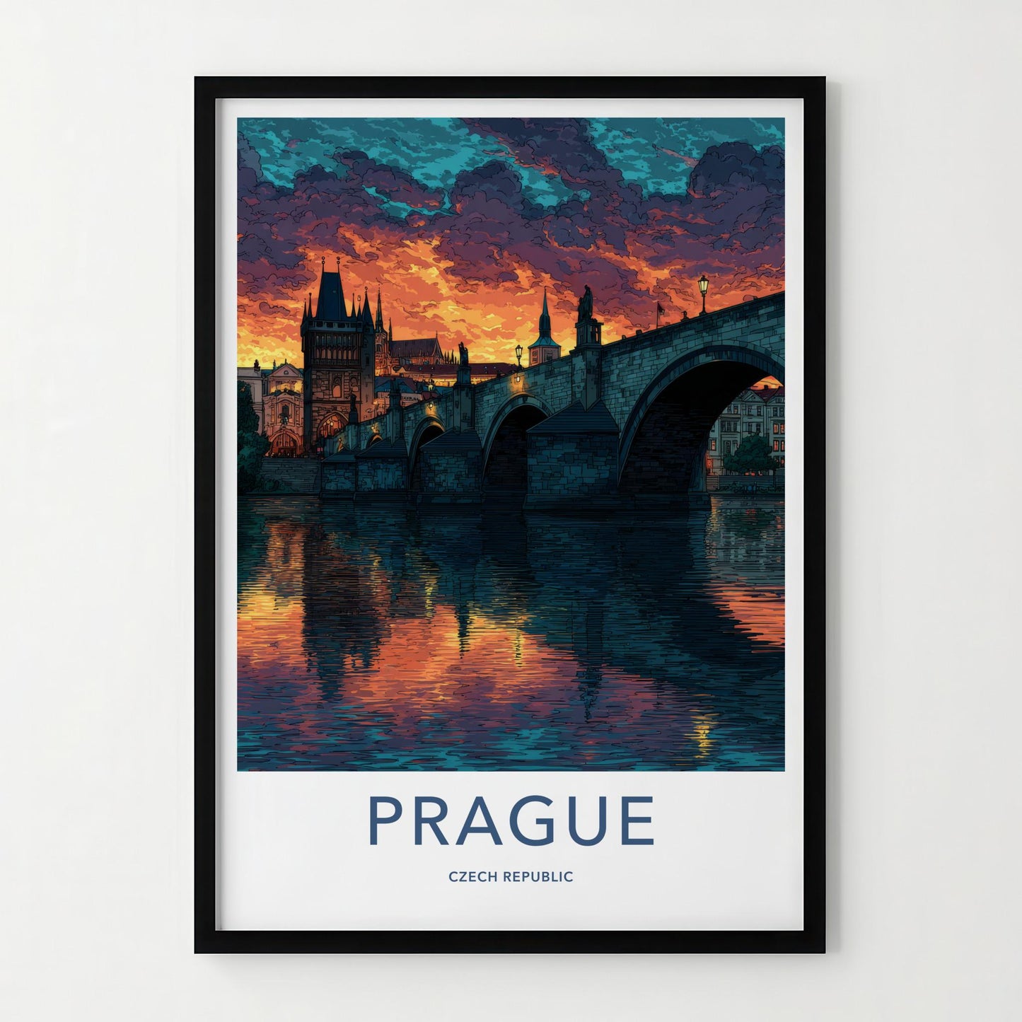 Prague Poster - Czech Republic Travel Art - Sunset River Reflection Wall Decor