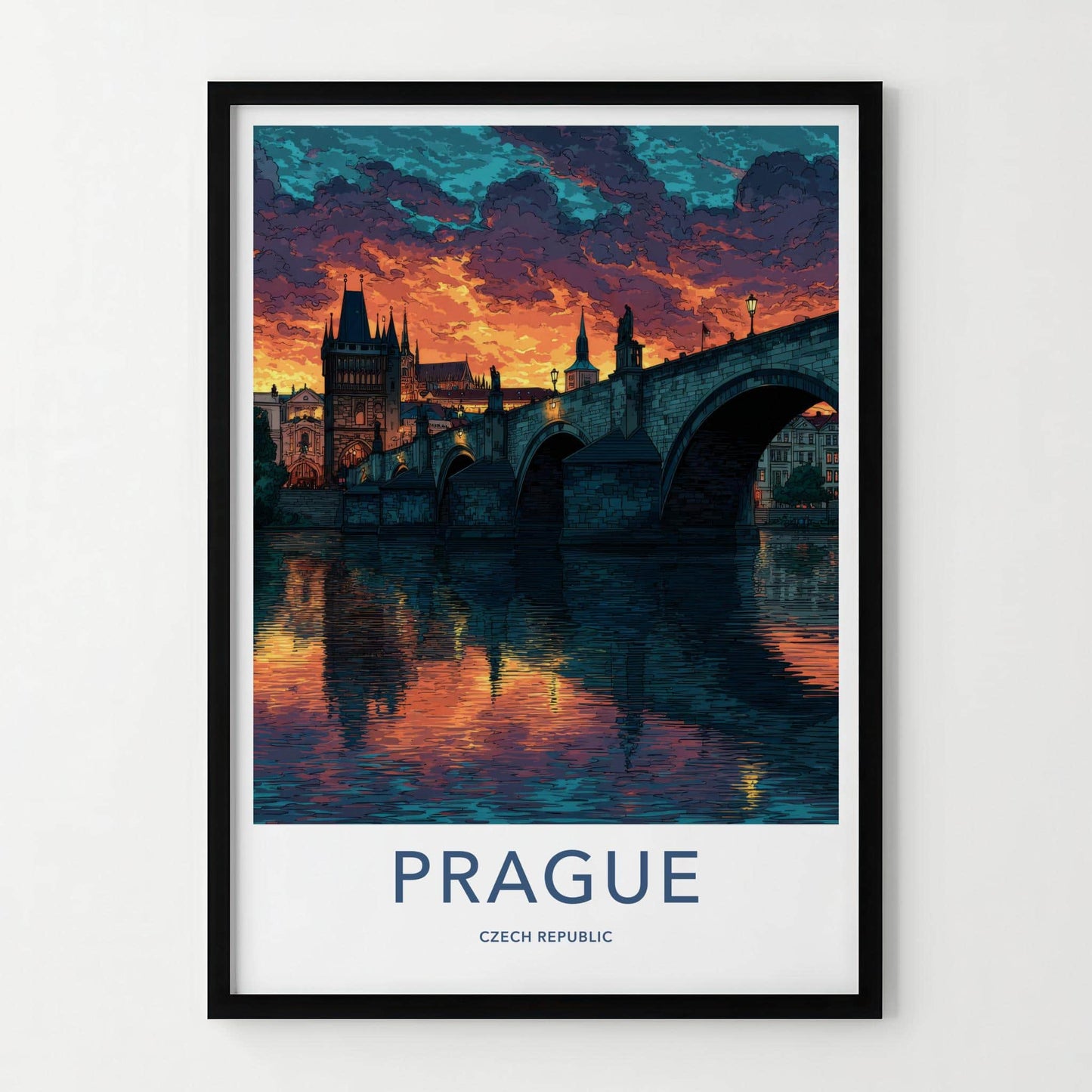 Prague Poster - Czech Republic Travel Art - Sunset River Reflection Wall Decor
