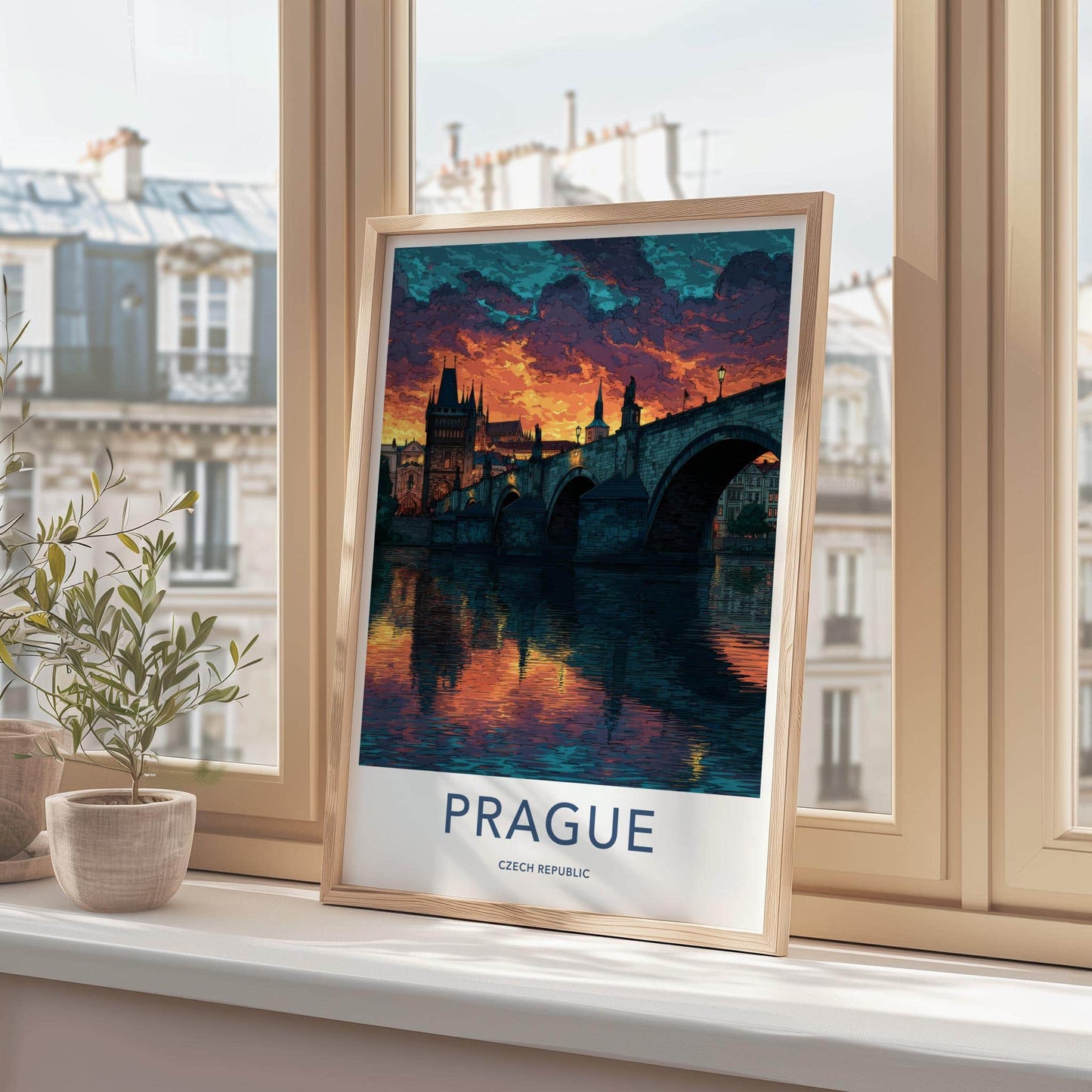 Prague Poster - Czech Republic Travel Art - Sunset River Reflection Wall Decor