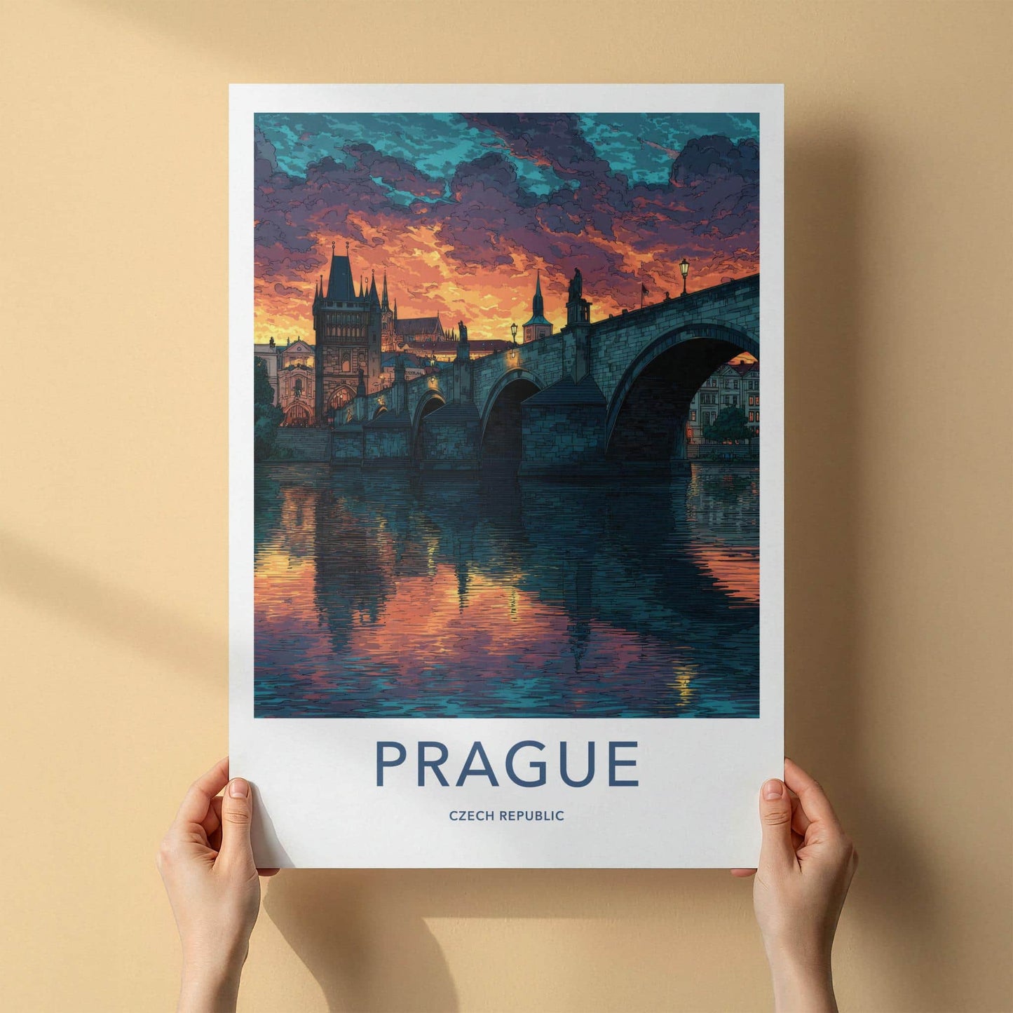 Prague Poster - Czech Republic Travel Art - Sunset River Reflection Wall Decor