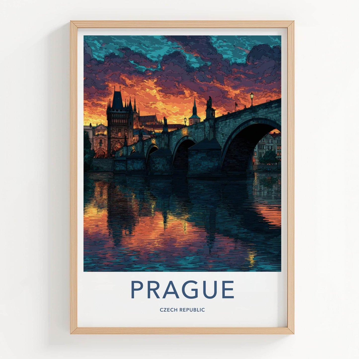 Prague Poster - Czech Republic Travel Art - Sunset River Reflection Wall Decor