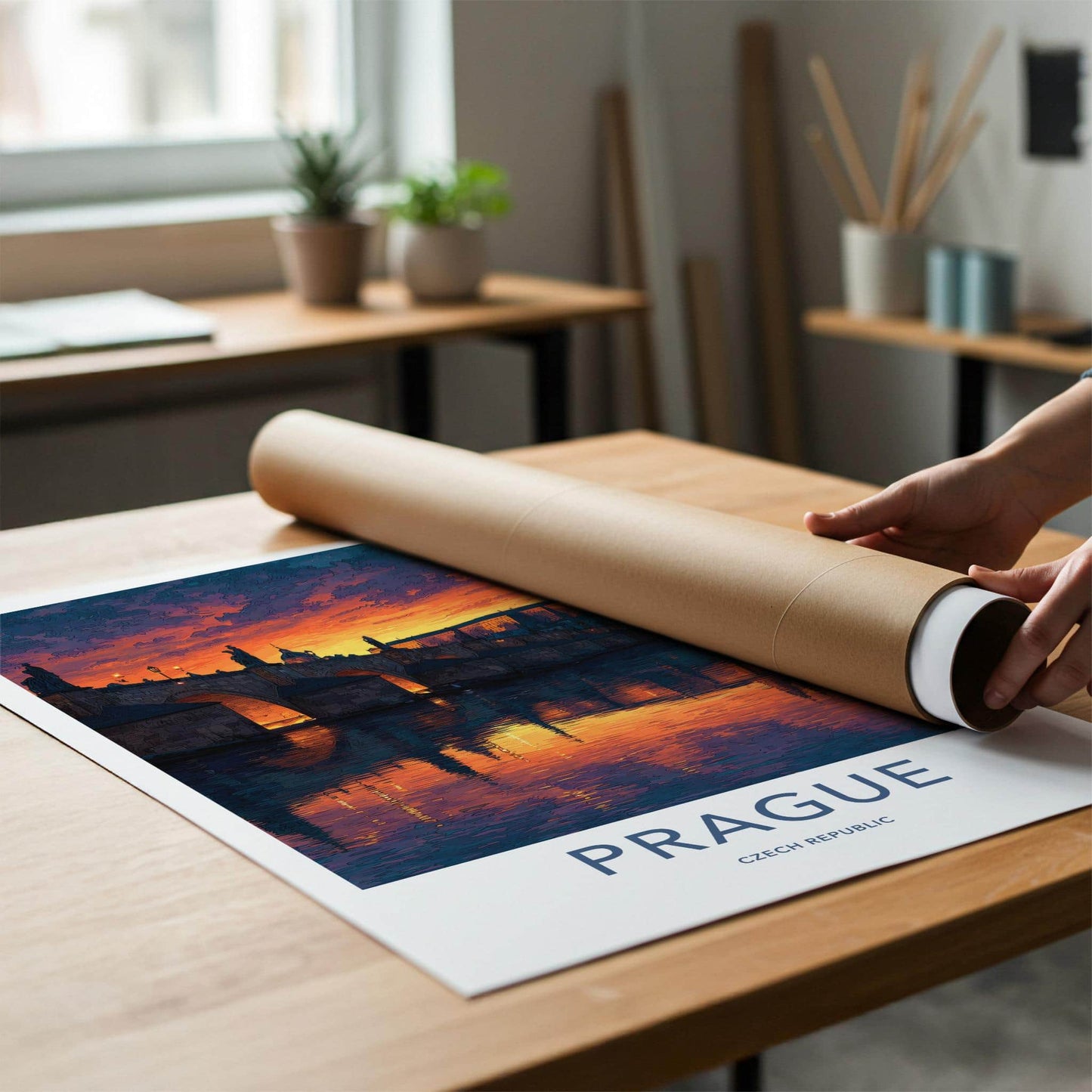 Prague Poster - Czech Republic Wall Art - Vibrant Bridge Sunset Home Art