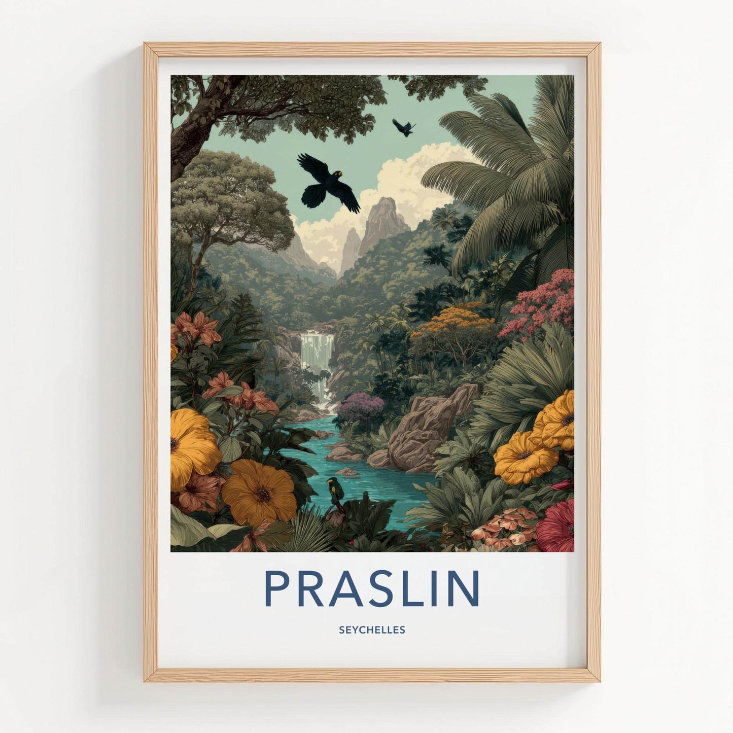 Praslin Poster - Seychelles Art Print - Tropical Lush Waterfall Home Decor