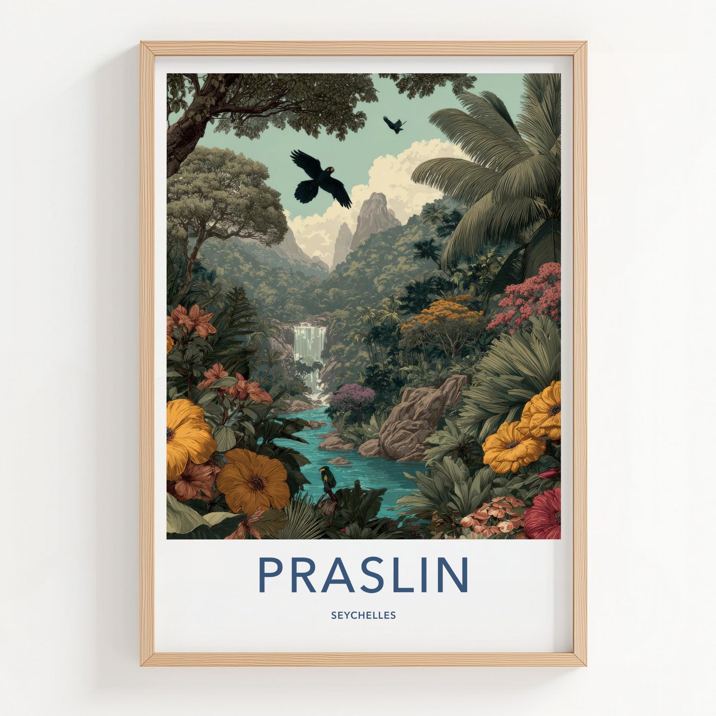 Praslin Poster - Seychelles Art Print - Tropical Lush Waterfall Home Decor