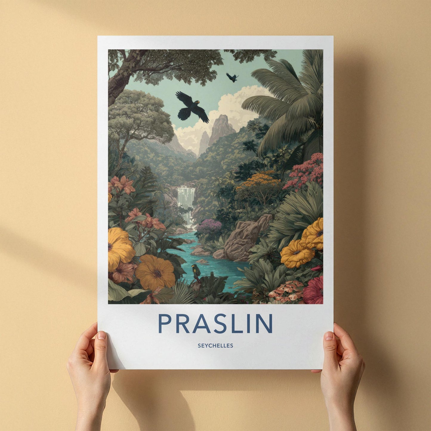 Praslin Poster - Seychelles Art Print - Tropical Lush Waterfall Home Decor