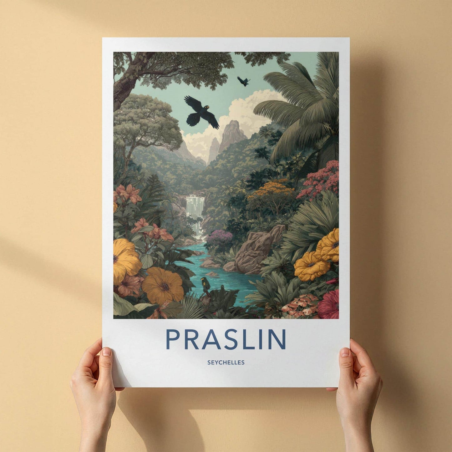 Praslin Poster - Seychelles Art Print - Tropical Lush Waterfall Home Decor
