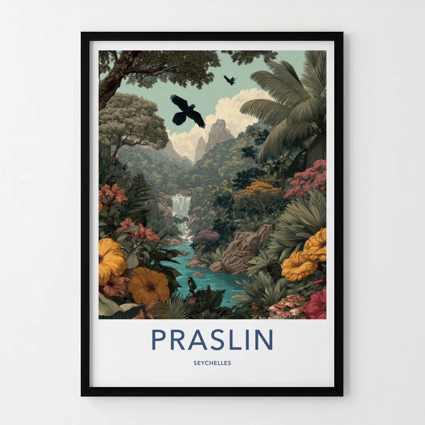 Praslin Poster - Seychelles Art Print - Tropical Lush Waterfall Home Decor