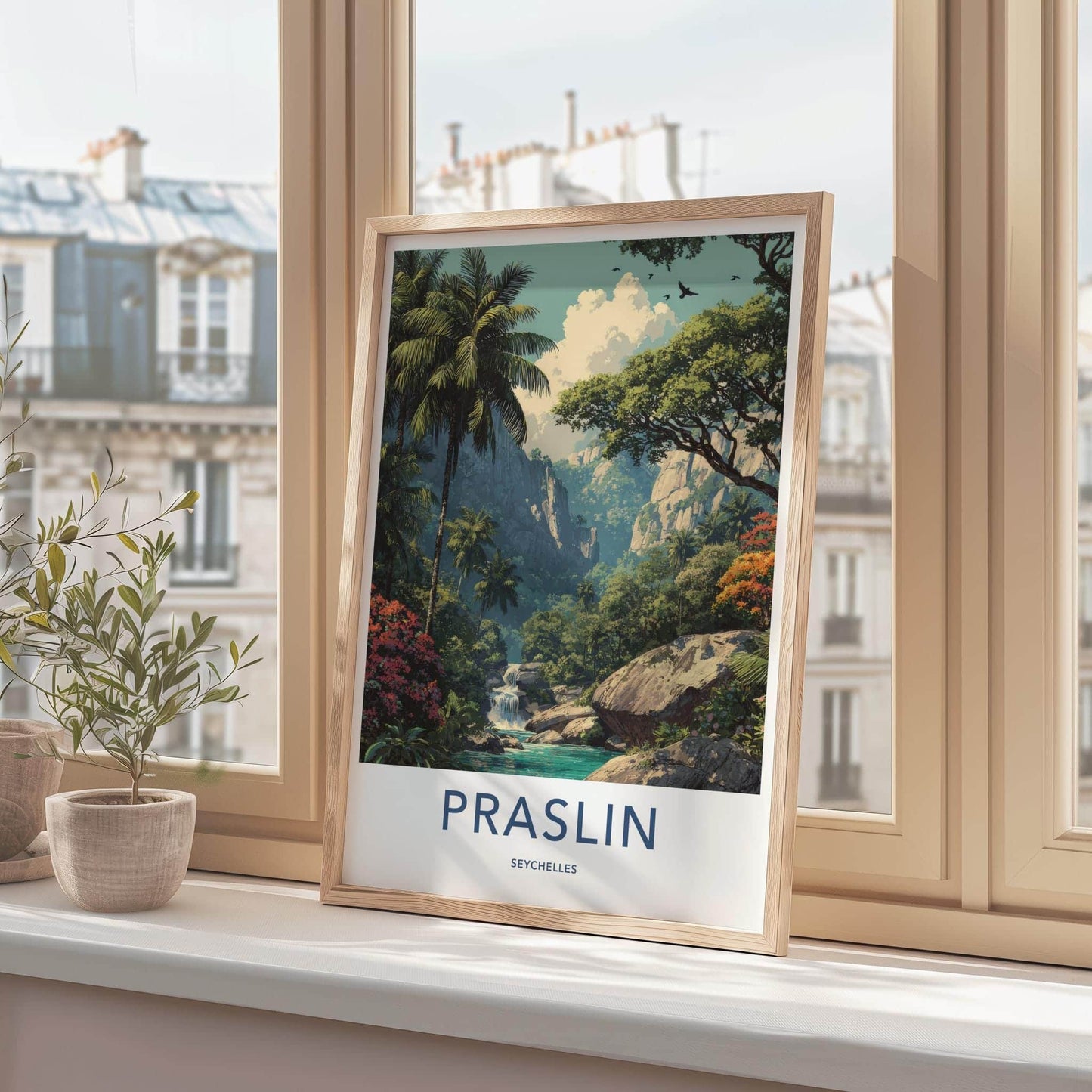 Praslin Poster - Seychelles Travel Art - Jungle Waterfall Scene Home Decor