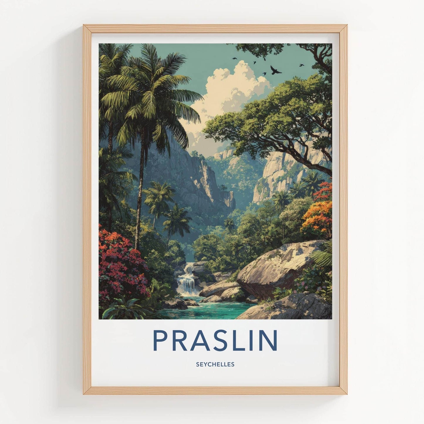 Praslin Poster - Seychelles Travel Art - Jungle Waterfall Scene Home Decor