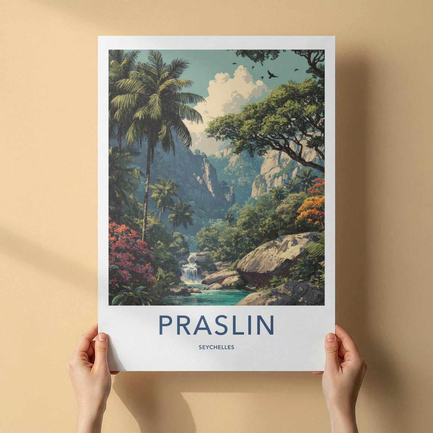 Praslin Poster - Seychelles Travel Art - Jungle Waterfall Scene Home Decor