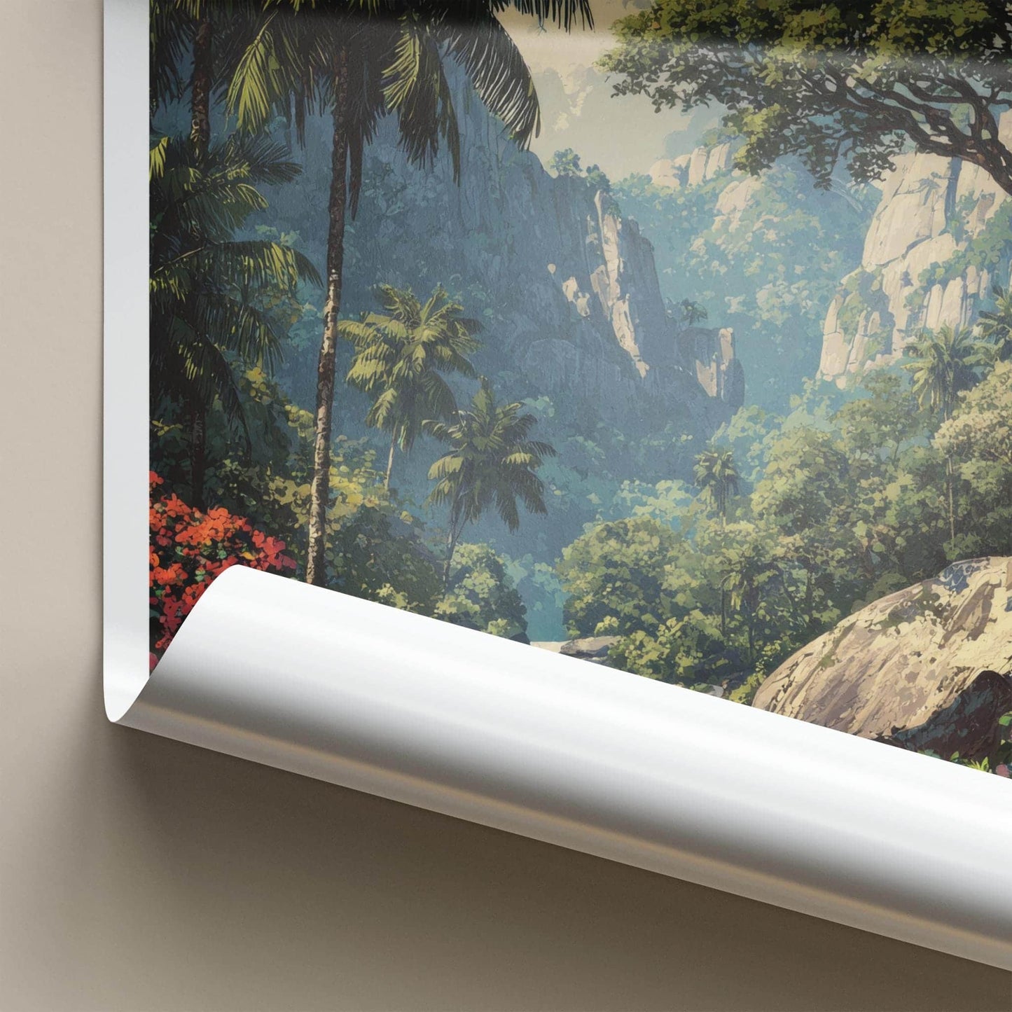 Praslin Poster - Seychelles Travel Art - Jungle Waterfall Scene Home Decor