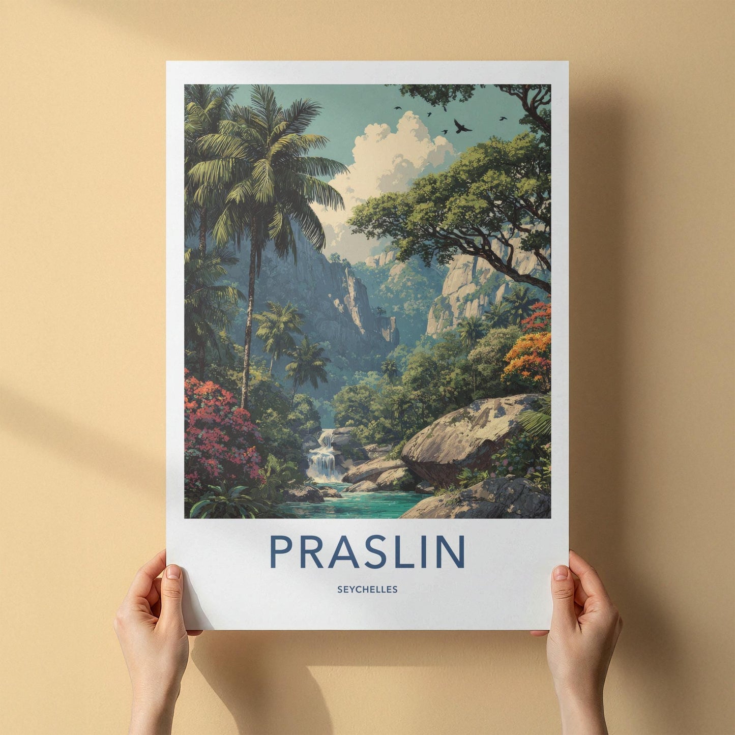 Praslin Poster - Seychelles Travel Art - Lush tropical waterfall Home Decor