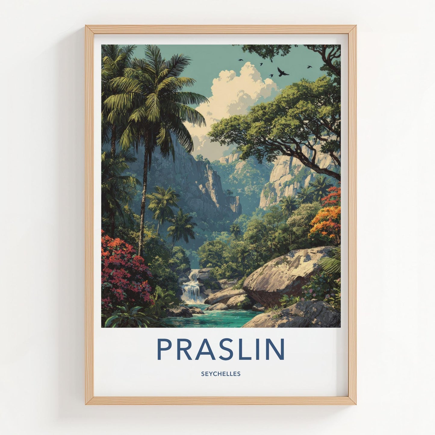 Praslin Poster - Seychelles Travel Art - Lush tropical waterfall Home Decor