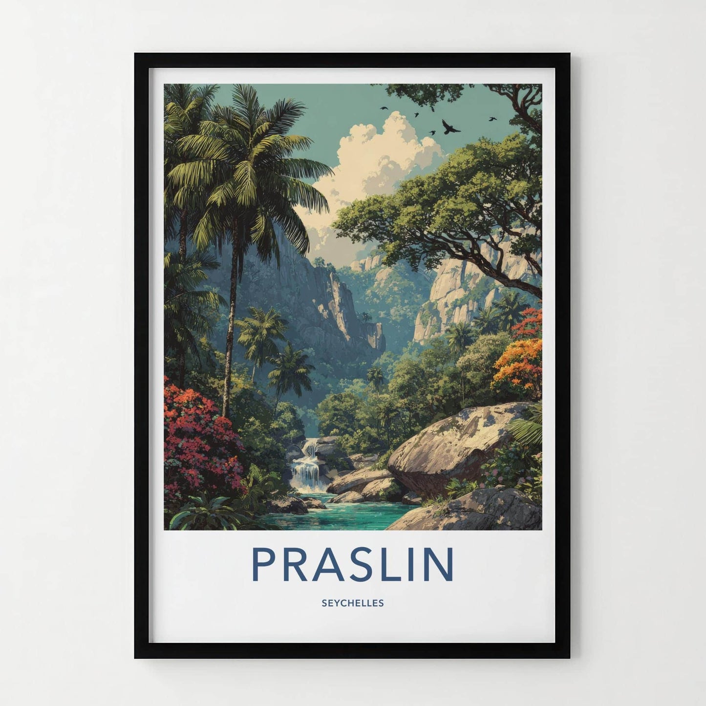 Praslin Poster - Seychelles Travel Art - Lush tropical waterfall Home Decor