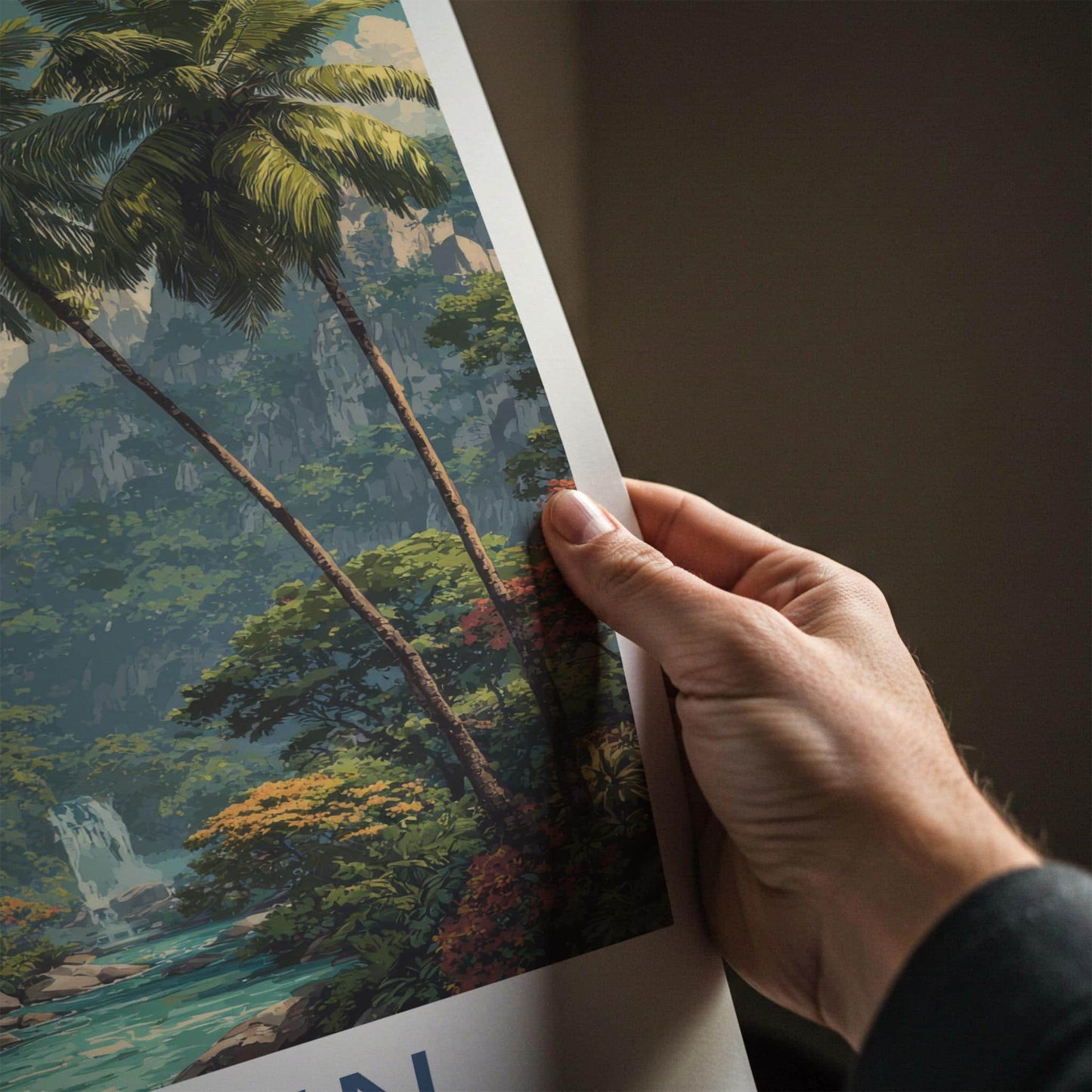 Praslin Poster - Seychelles Travel Art - Lush Tropical Waterfall Home Decor