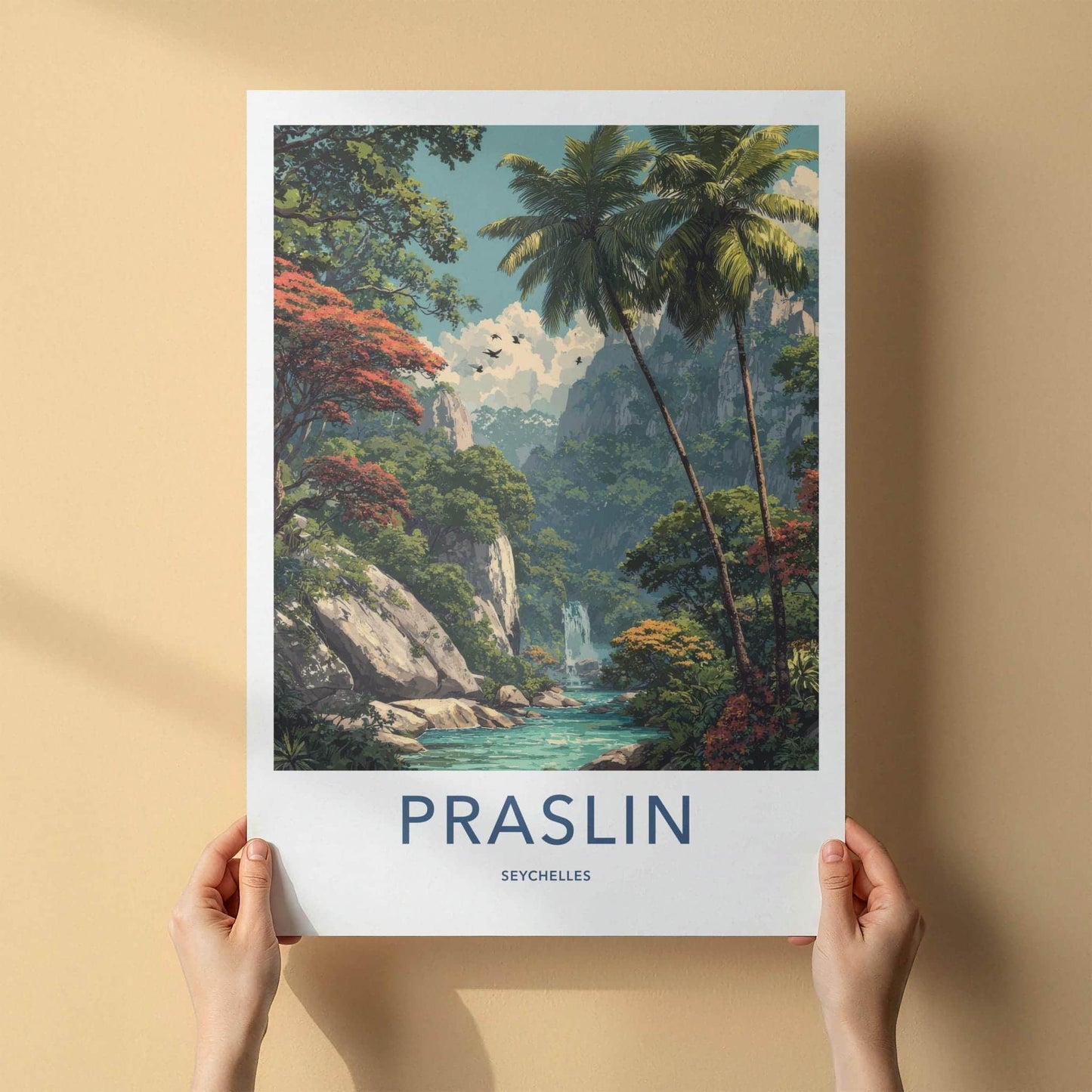Praslin Poster - Seychelles Travel Art - Lush Tropical Waterfall Home Decor