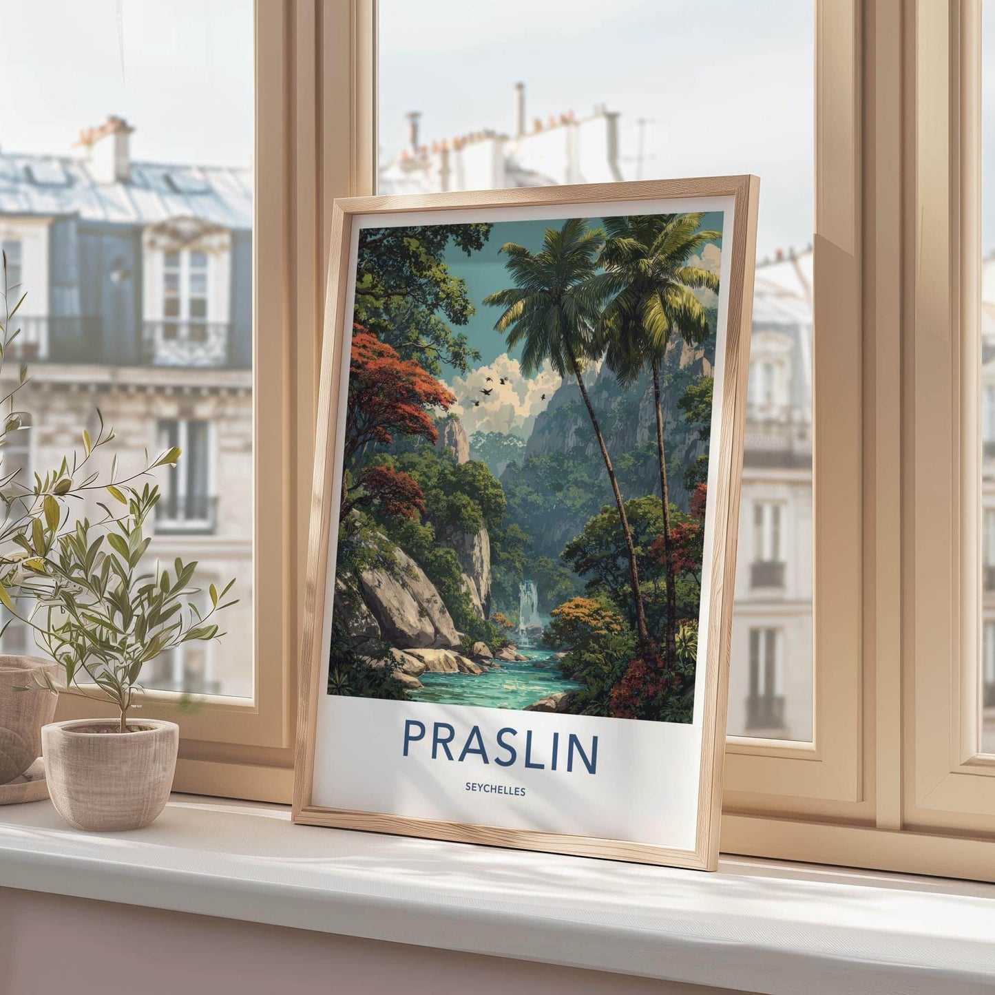 Praslin Poster - Seychelles Travel Art - Lush Tropical Waterfall Home Decor