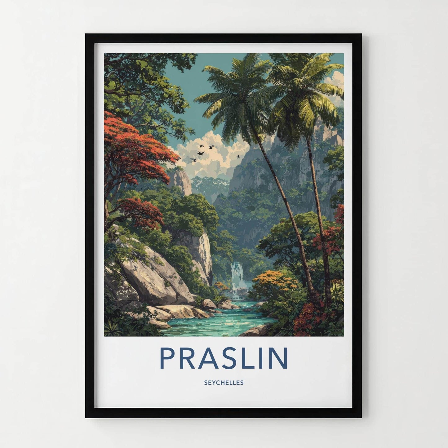 Praslin Poster - Seychelles Travel Art - Lush Tropical Waterfall Home Decor